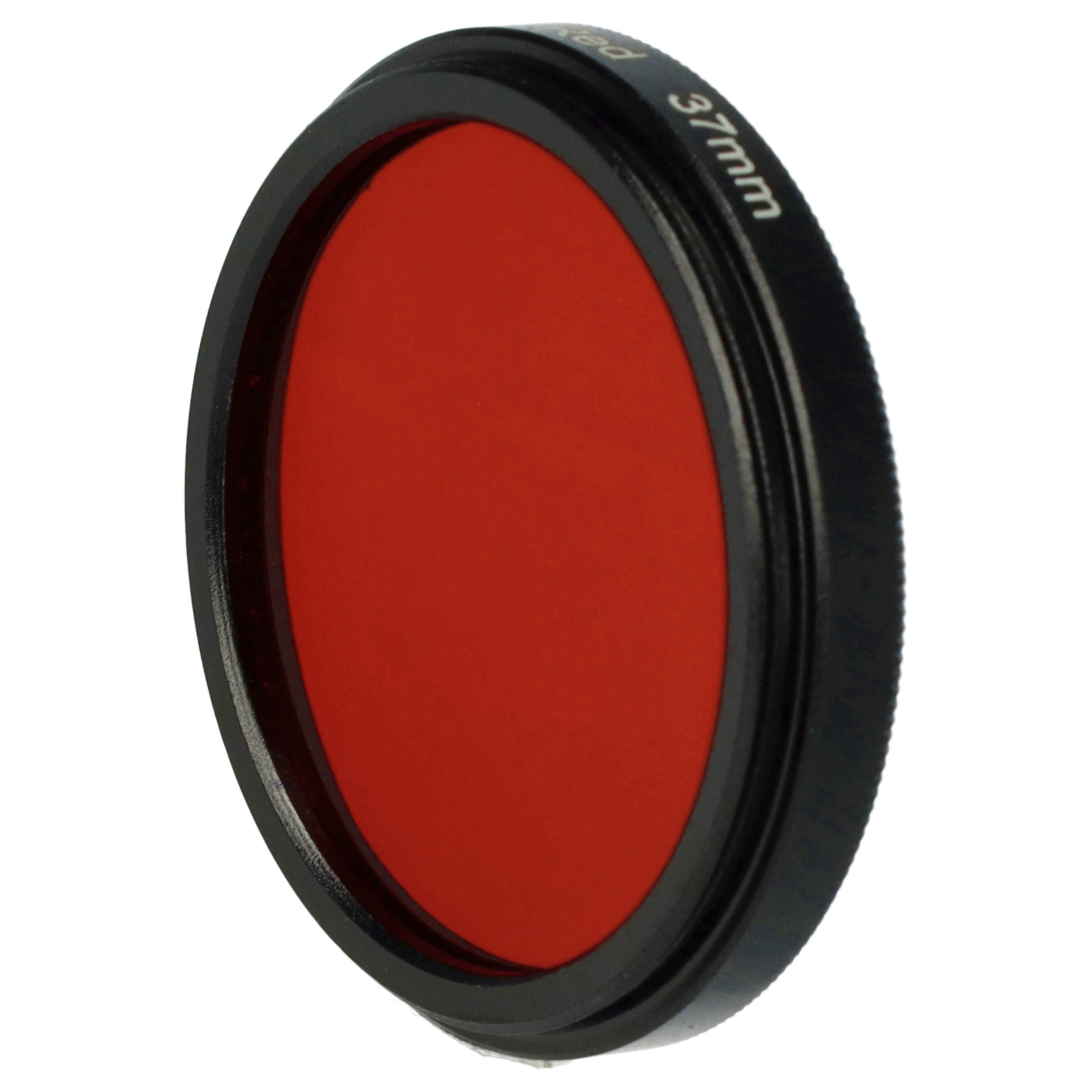 Ein 37mm roter Filter für ein Kameraobjektiv. Es hat einen schwarzen Ring und ein rotes Glas. Der Hintergrund ist weiß.