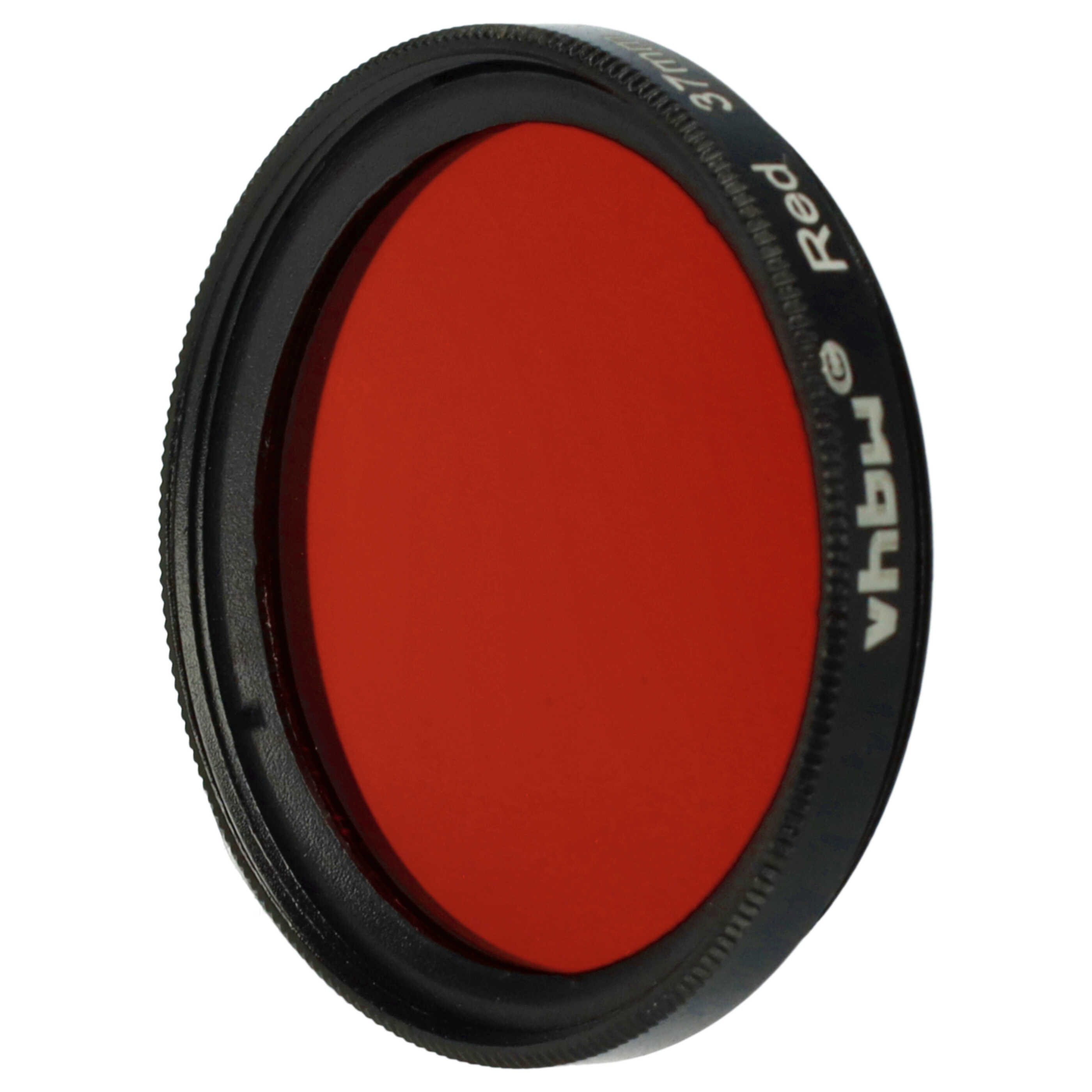 Ein roter Filter für eine Kamera mit schwarzem Rand. Der rote Filter ist rund. Weißer Hintergrund.