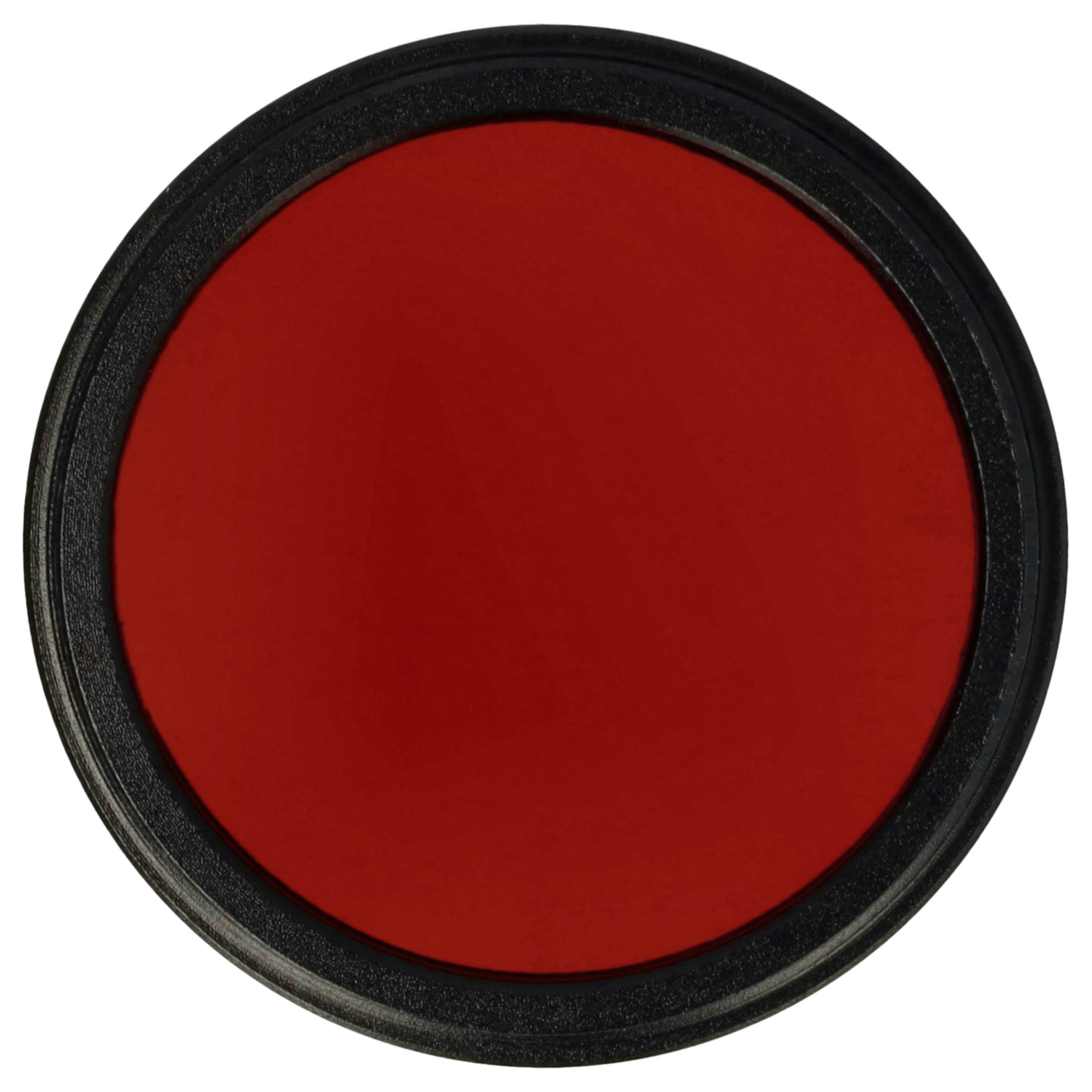 Runder roter Filter mit schwarzem strukturiertem Ring, isoliert auf weißem Hintergrund.