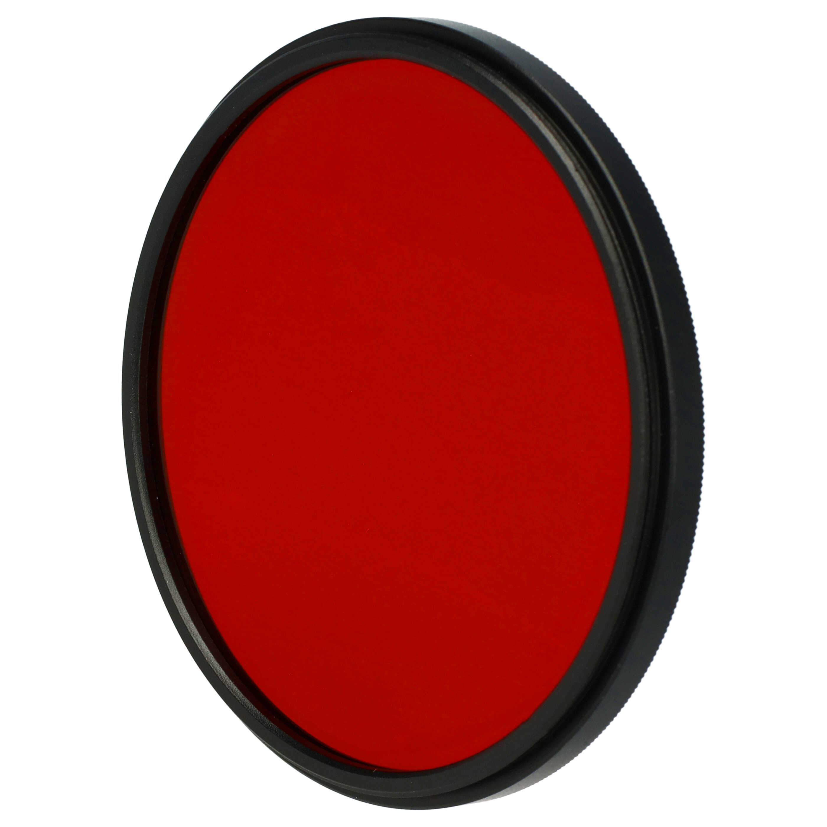 Ein kreisförmiger roter Filter mit schwarzem Rand, vor weißem Hintergrund. Der Rand hat eine strukturierte Kante.