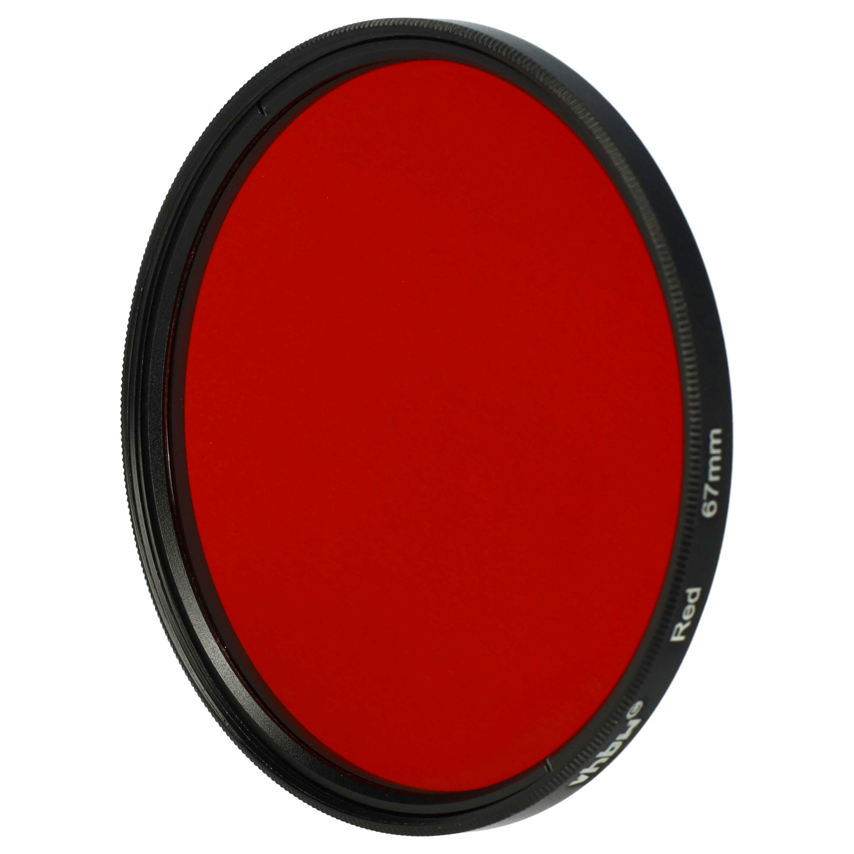 Ein roter fotografischer Filter mit schwarzem Rand und Markierungen auf weißem Hintergrund.