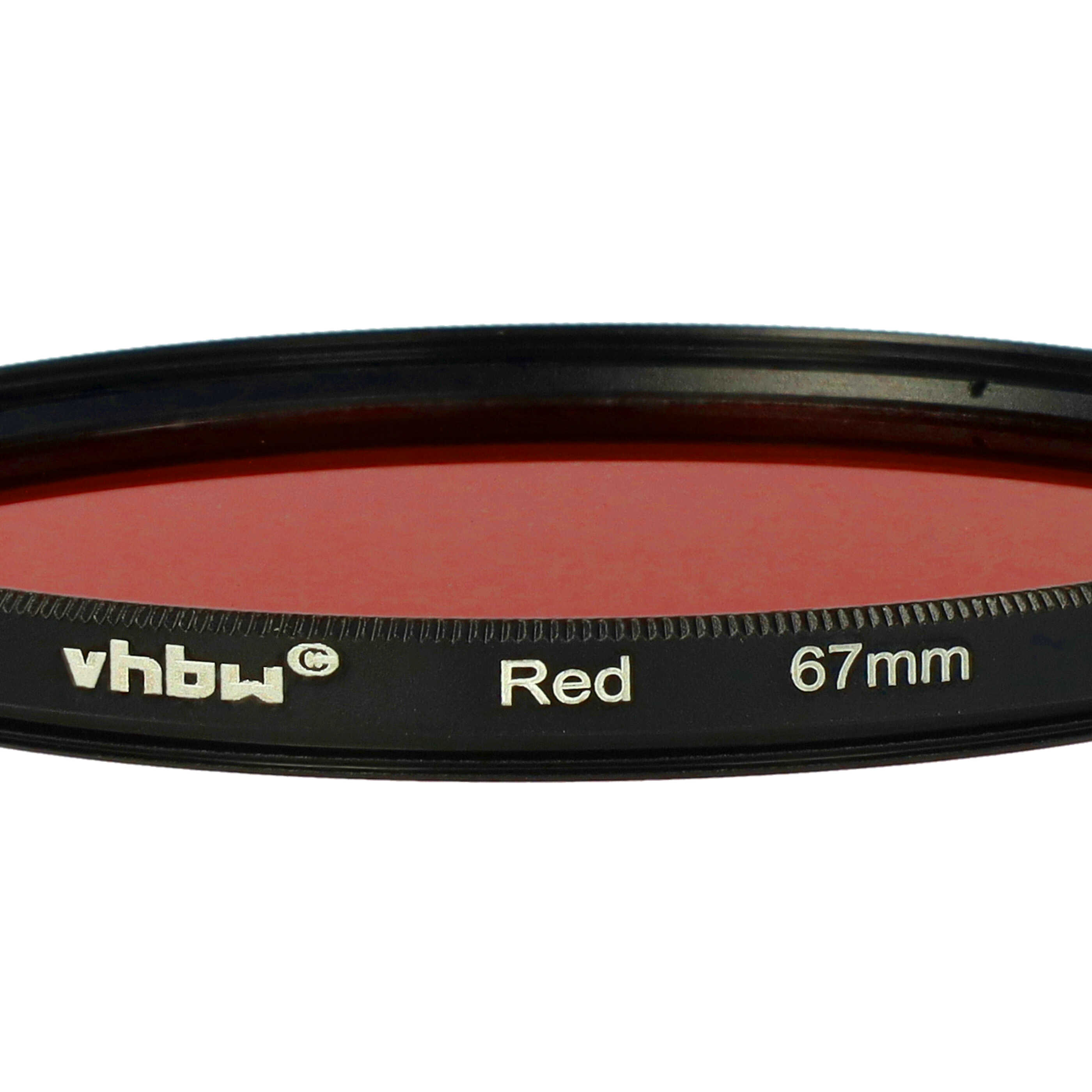 Ein roter Kamerafilter mit schwarzem Rand. Er hat das vhbw-Logo, das Wort 'Red' und '67mm' aufgedruckt.