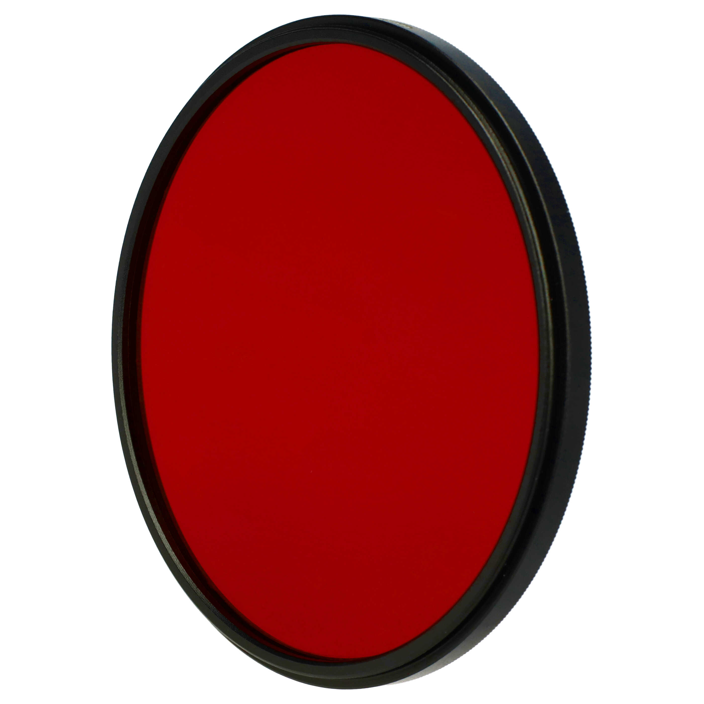 Ein runder roter Filter mit schwarzem Rahmen auf weißem Hintergrund.