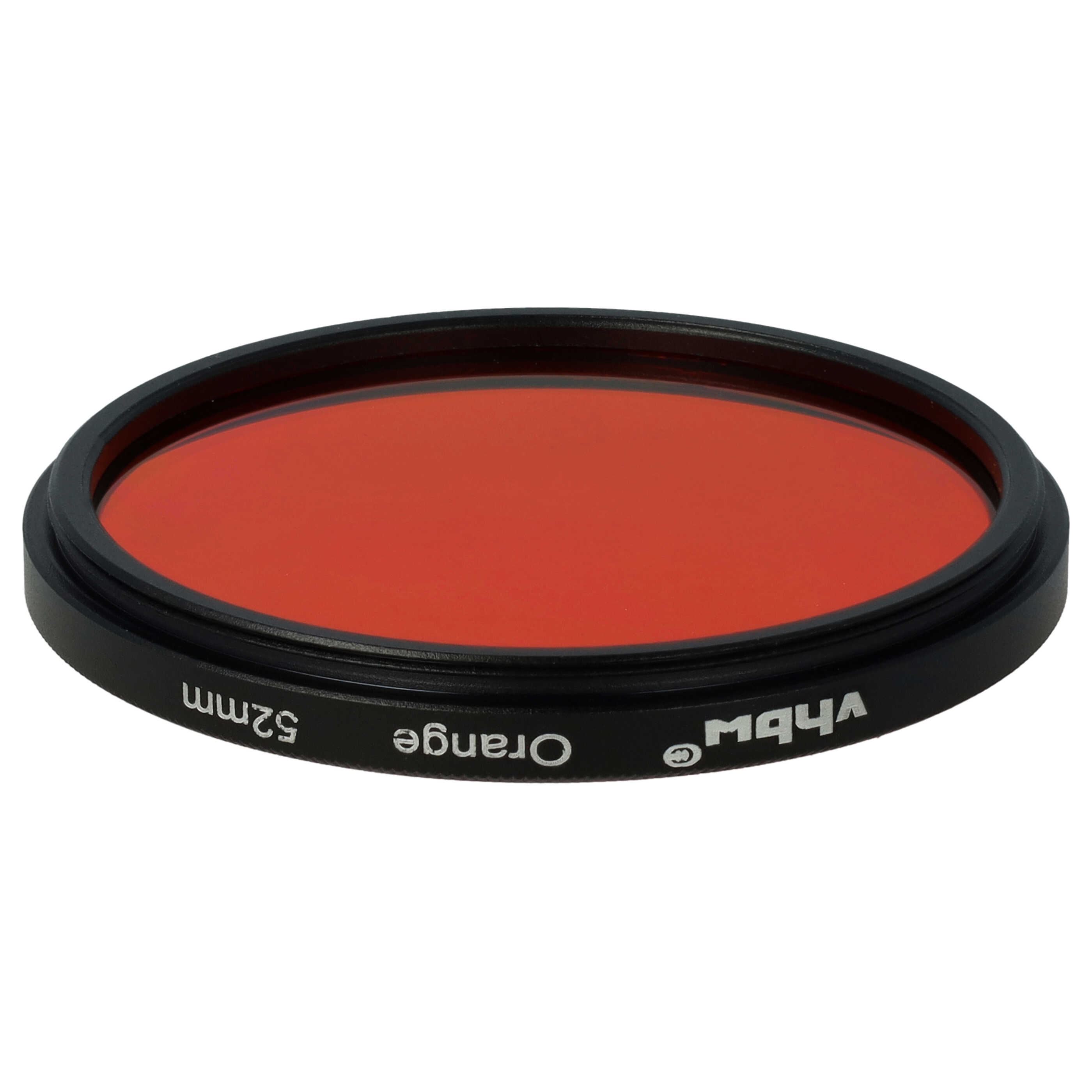 Ein orangefarbener Filter mit schwarzem Rahmen. Auf dem Rahmen steht "Orange" und "52mm".