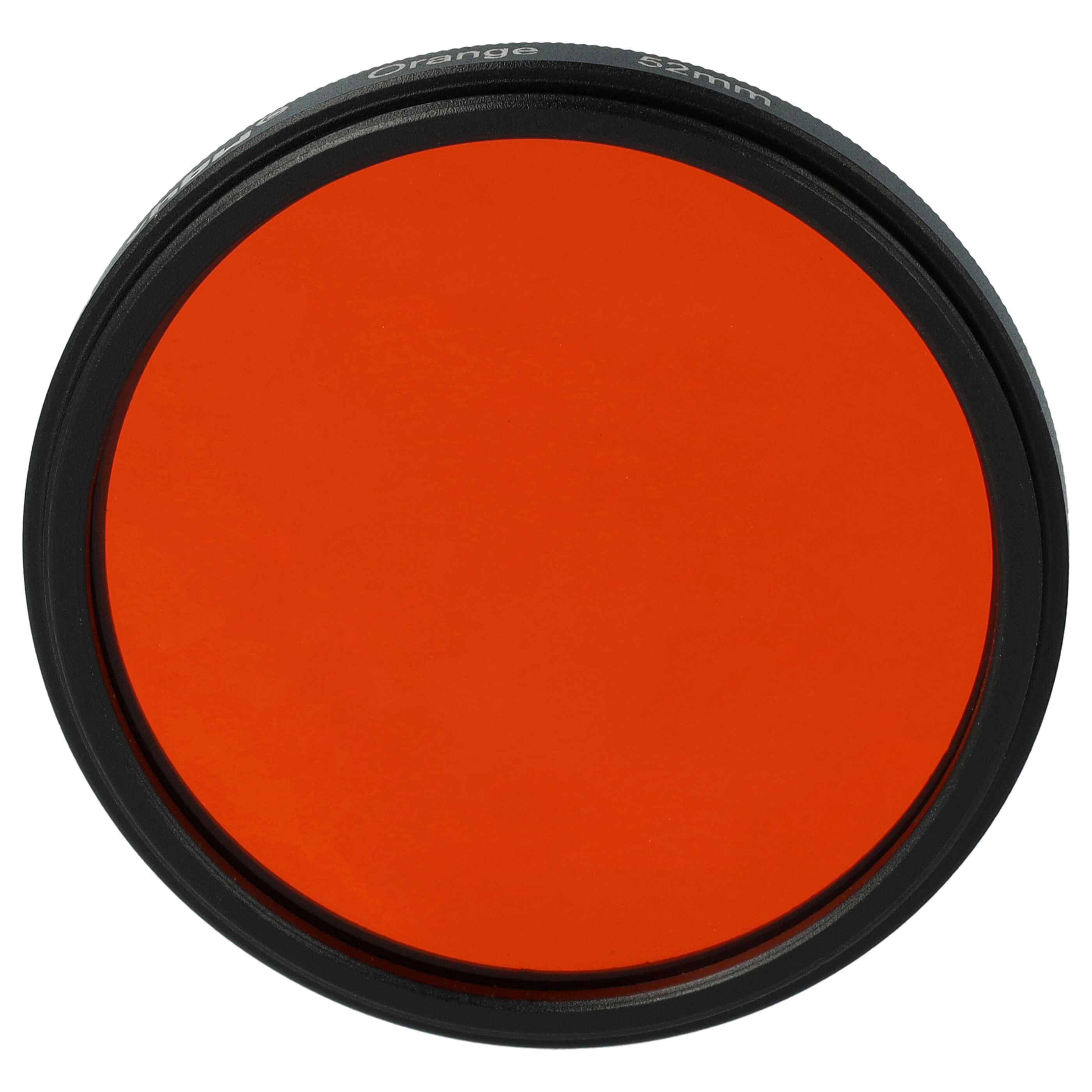 Ein orangefarbener Filter mit schwarzem Ring. Der Filter ist mit "Orange 52mm" beschriftet.