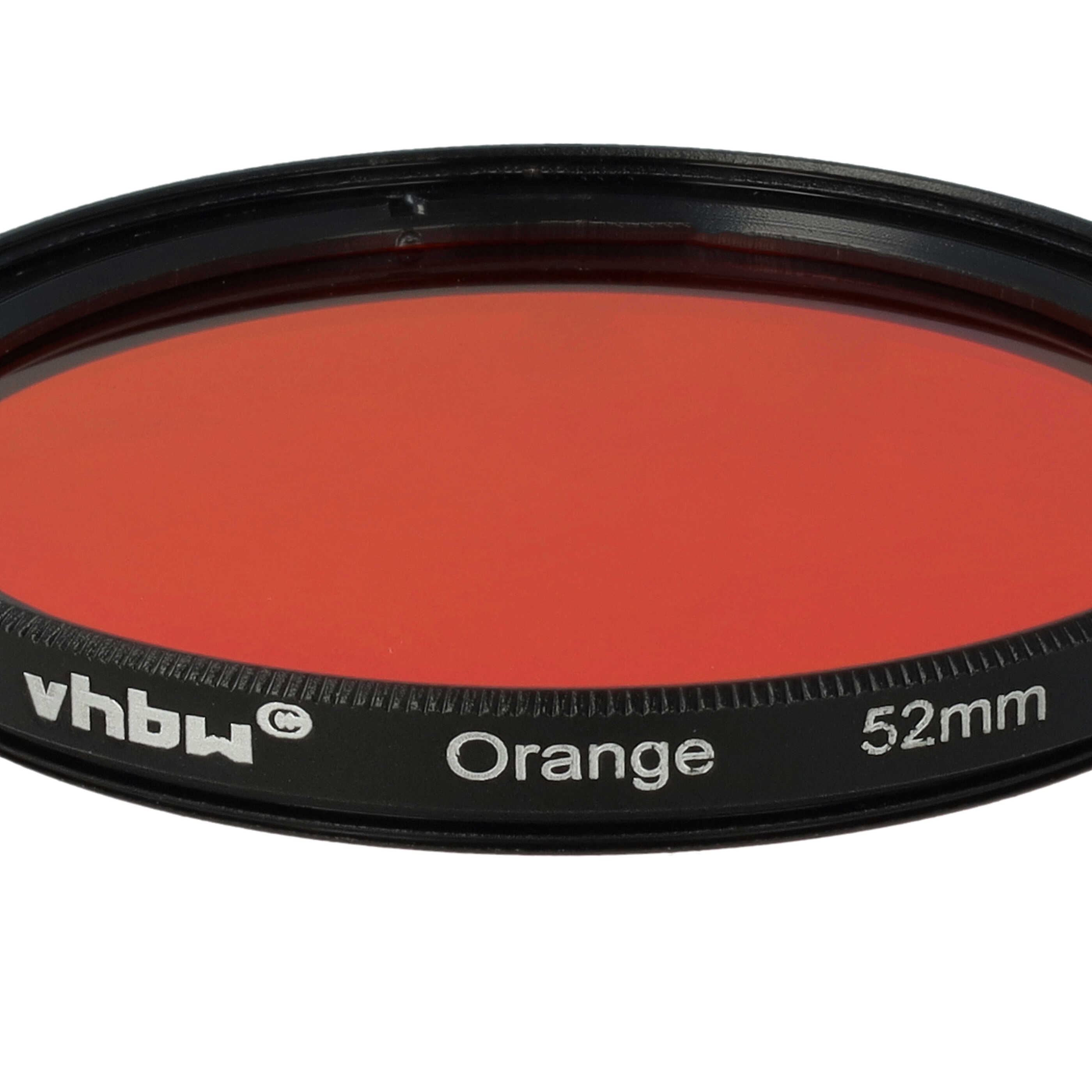 Nahaufnahme eines orangenen Objektivfilters mit schwarzem Rand. Auf dem Rand steht 'Orange' und '52mm'.