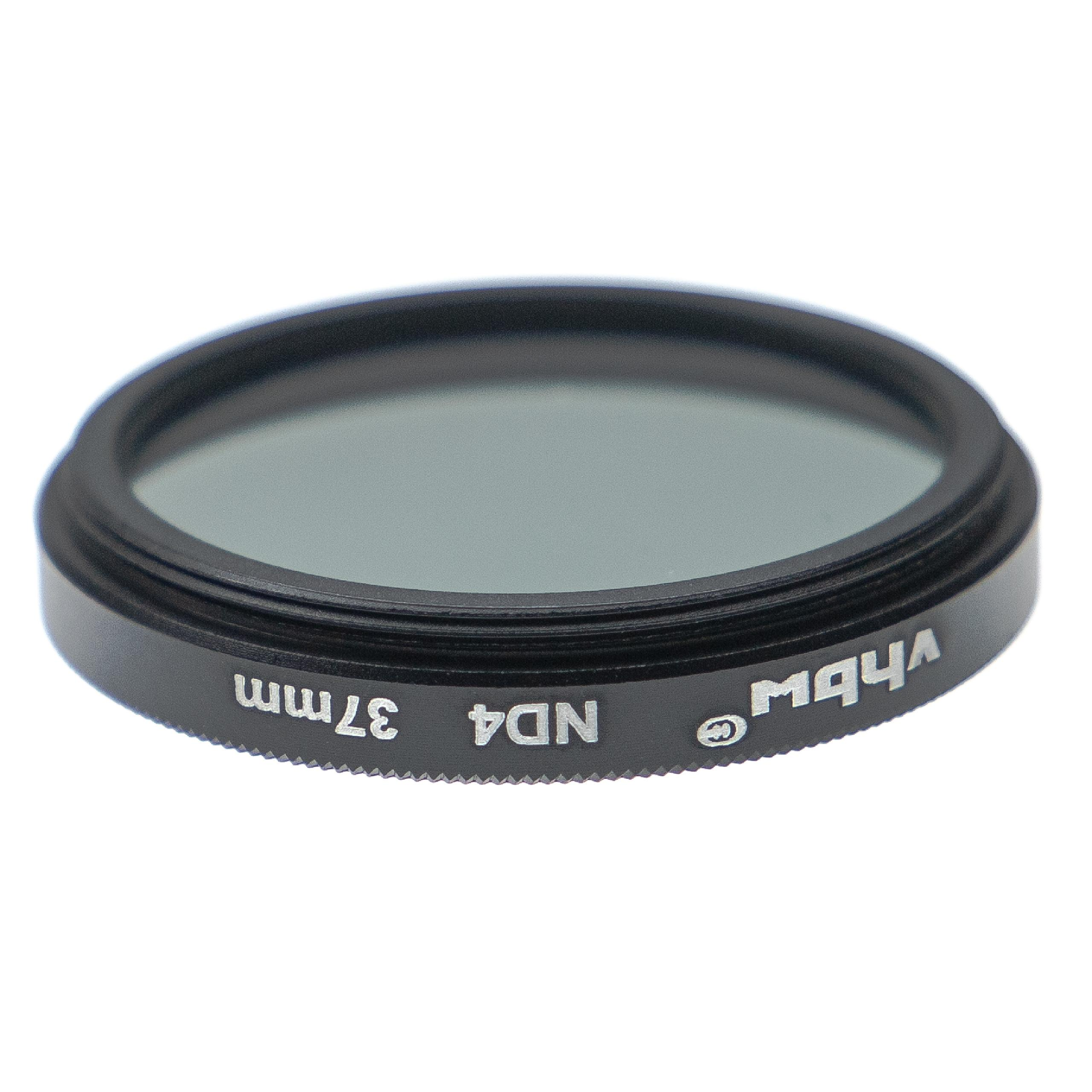Ein kreisförmiger schwarzer ND4 37mm Kamerafilter. Der Filter befindet sich auf weißem Hintergrund. Text auf dem Filter lautet vhbw.
