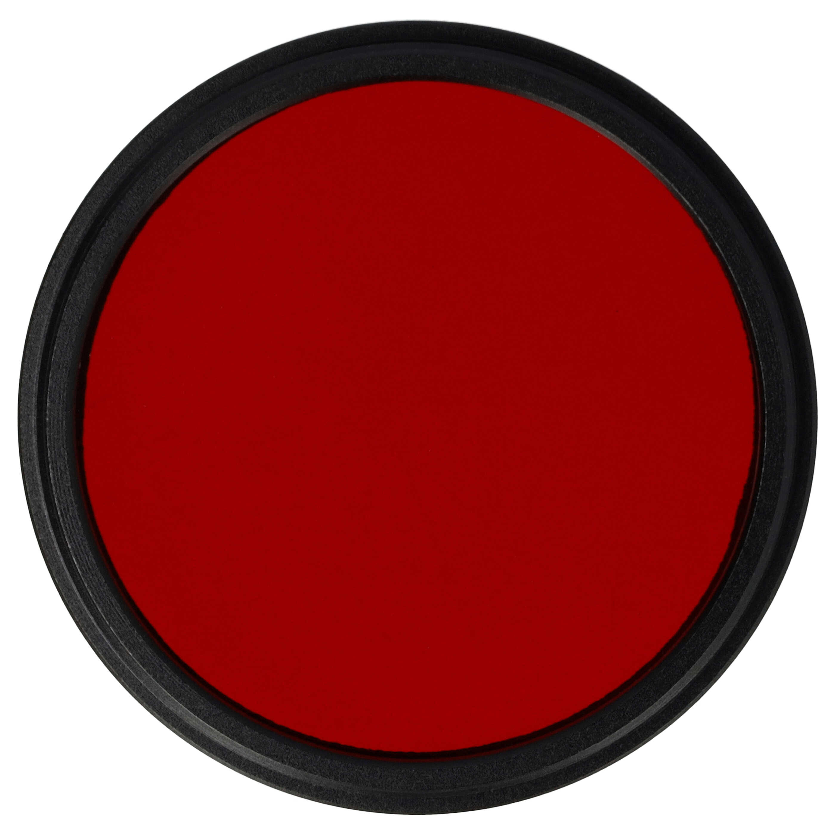 Ein runder, roter Filter mit schwarzem Rahmen. Der Hintergrund ist weiß.