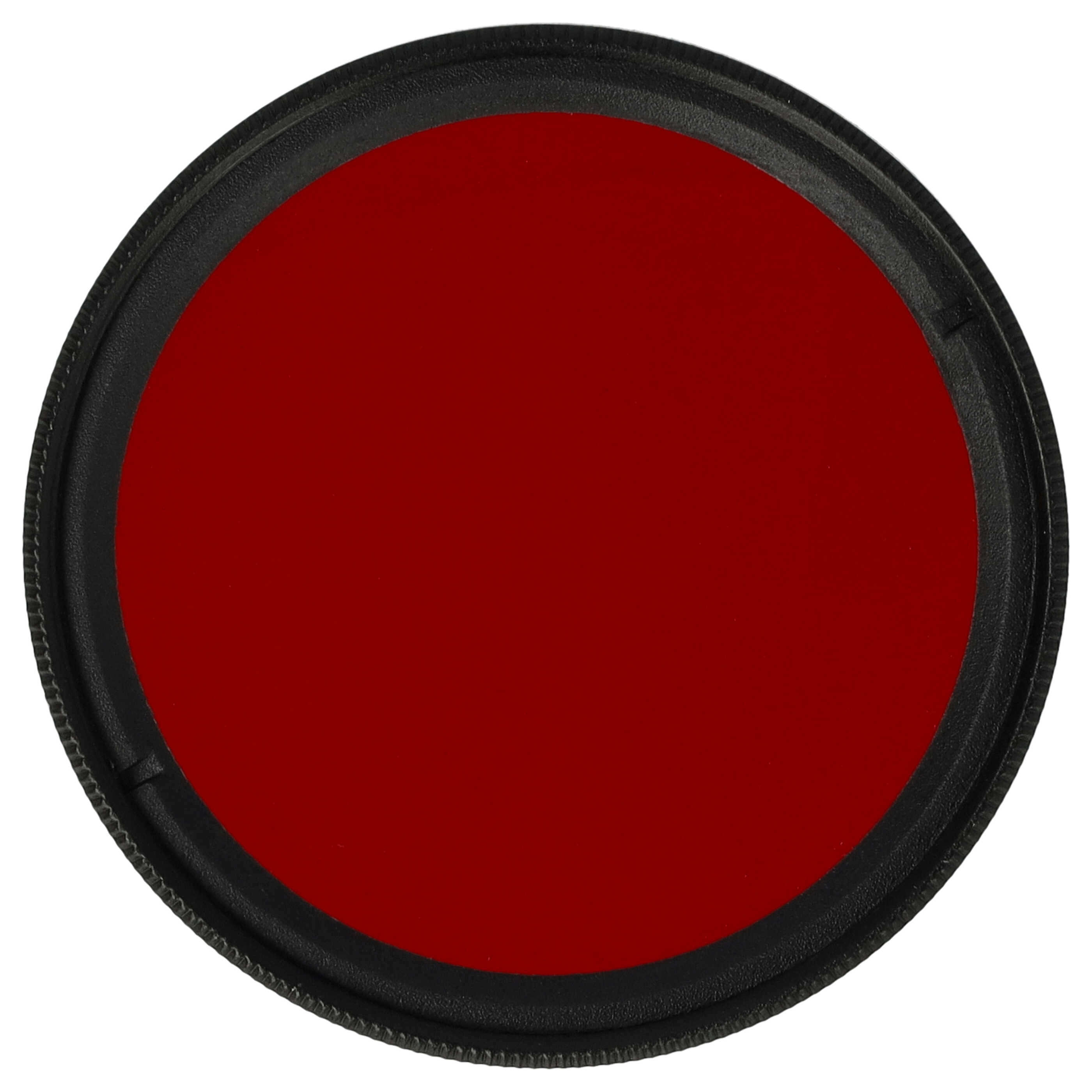 Ein kreisförmiger roter Filter mit schwarzem Rand, vor weißem Hintergrund. Der Filter ist zentriert.