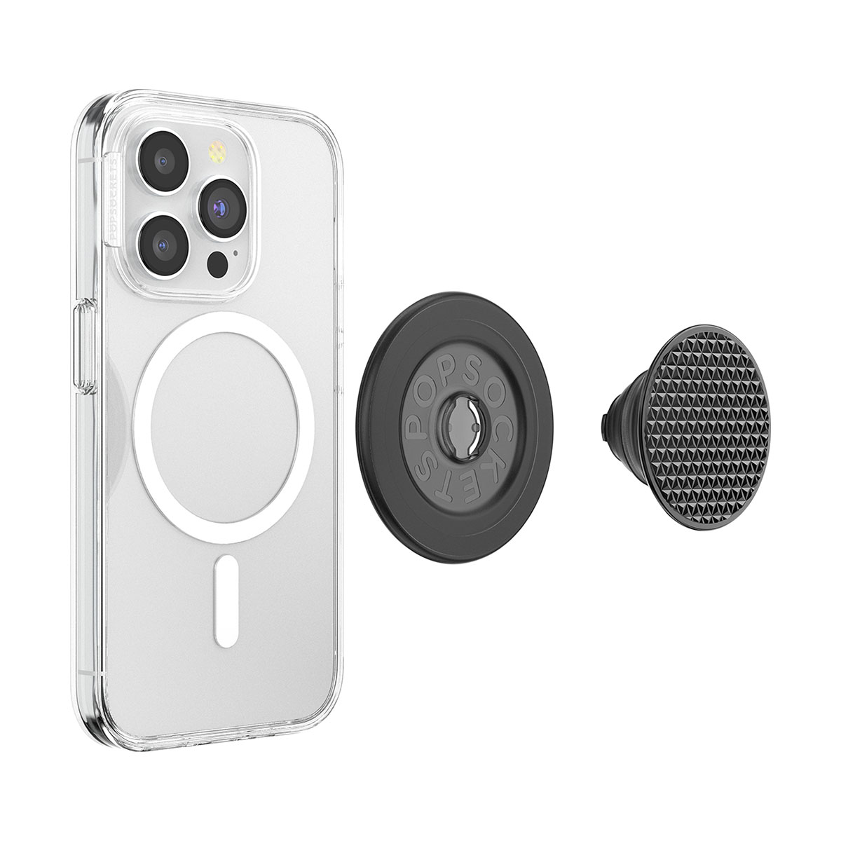 Custodia trasparente per telefono con cerchio e segno meno, impugnatura nera per telefono e PopSocket nero. Tutto su sfondo bianco.