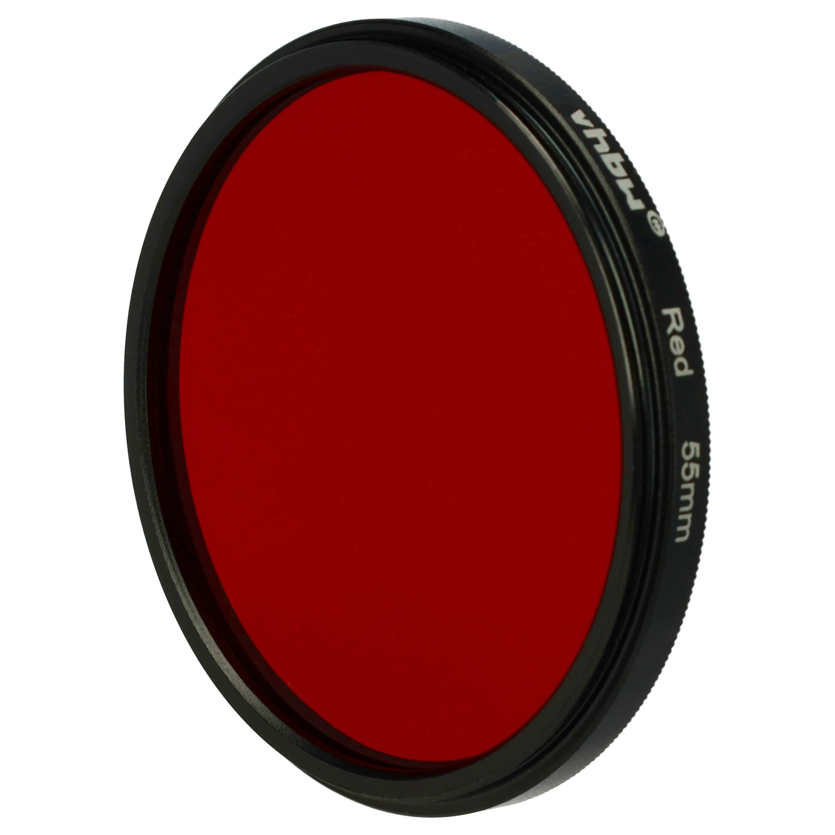 Ein roter Filter mit schwarzem Rand ist zentriert. Text auf dem Rand: Rot, 55mm und der Markenname. Weißer Hintergrund.