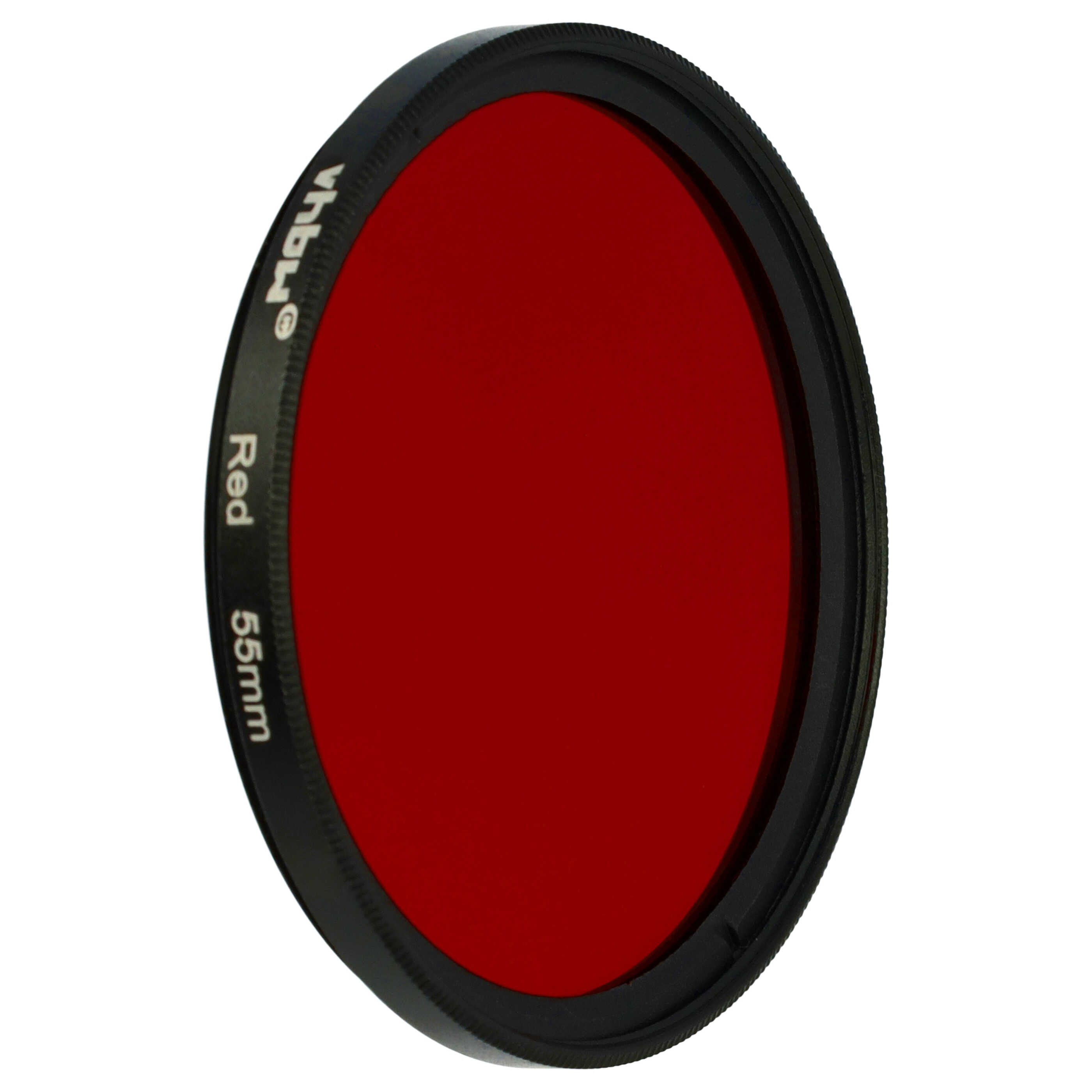 Ein roter Filter für eine Kamera mit schwarzem Rand. Text darauf lautet 'Red' und '55mm'.