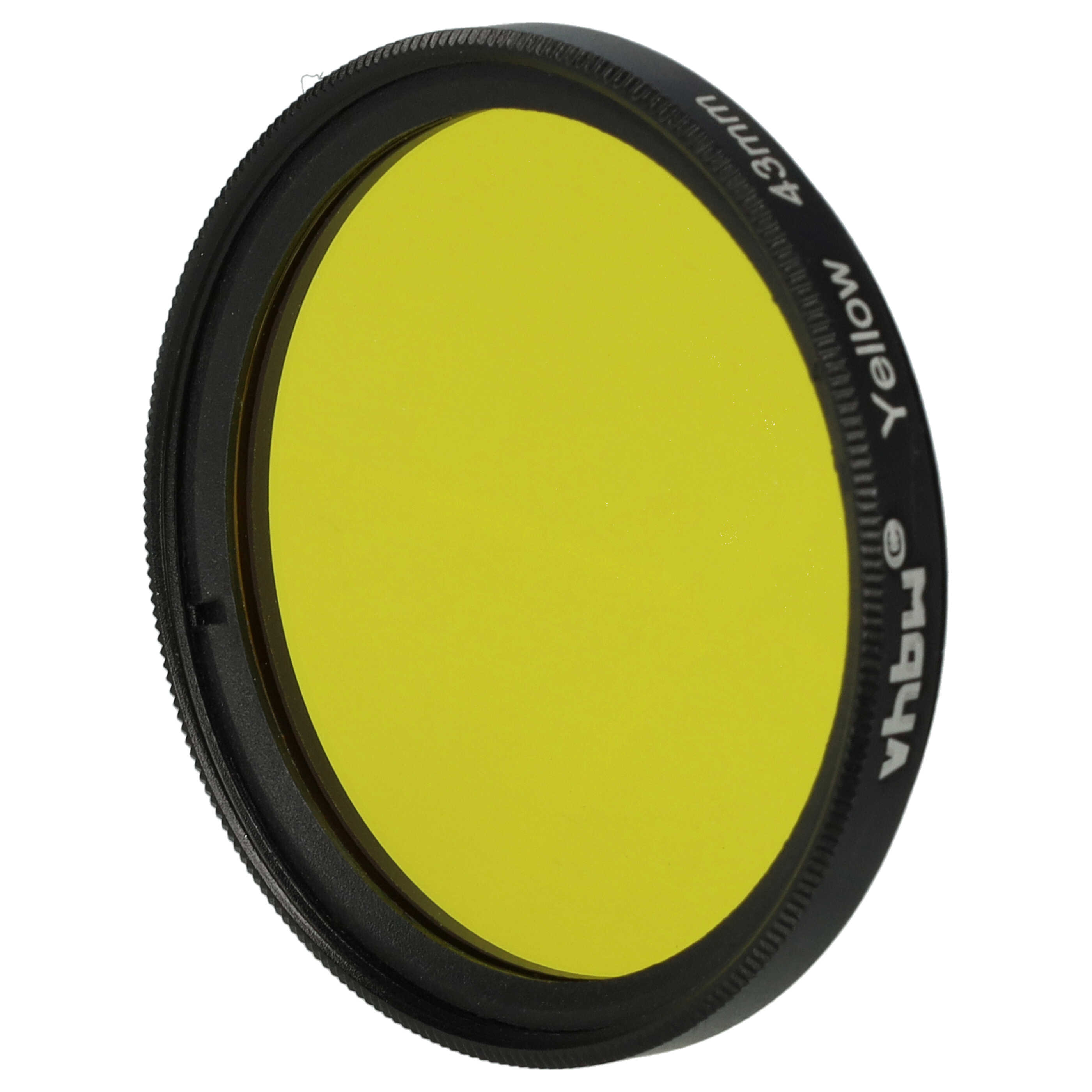 Ein gelber Objektivfilter mit schwarzem Rahmen. Der Filter hat eine gelbe Mitte und ist mit 'Yellow 43mm' beschriftet.