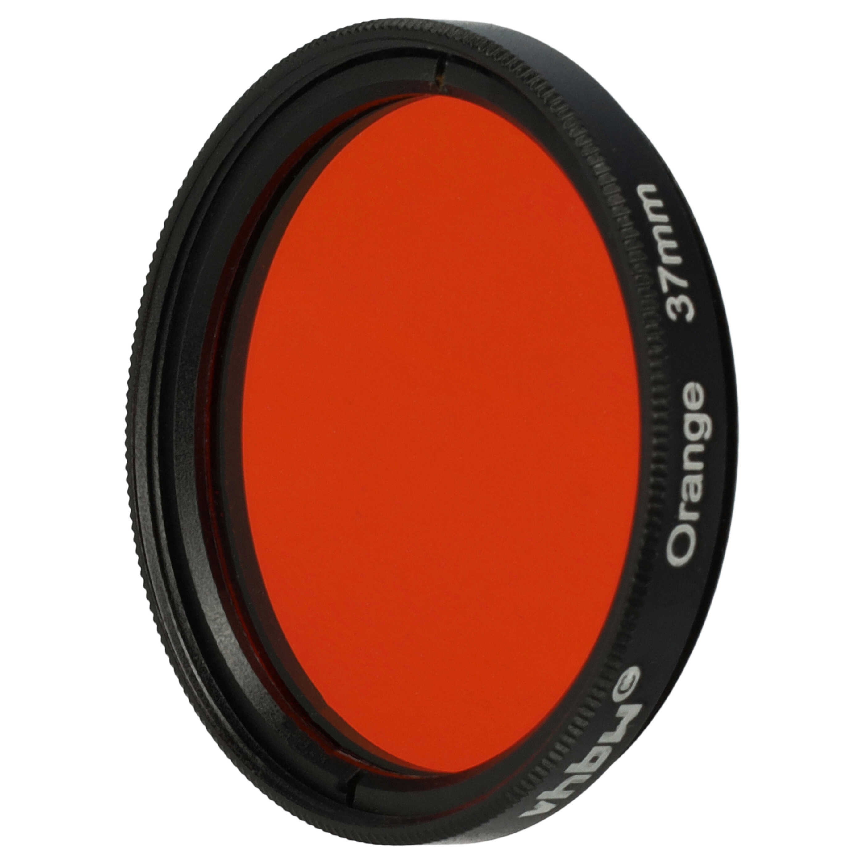 Ein orangefarbener Filter für ein Kameraobjektiv. Er hat einen schwarzen Ring und weißen Text. Der Filter ist mit 'Orange 37mm' beschriftet.