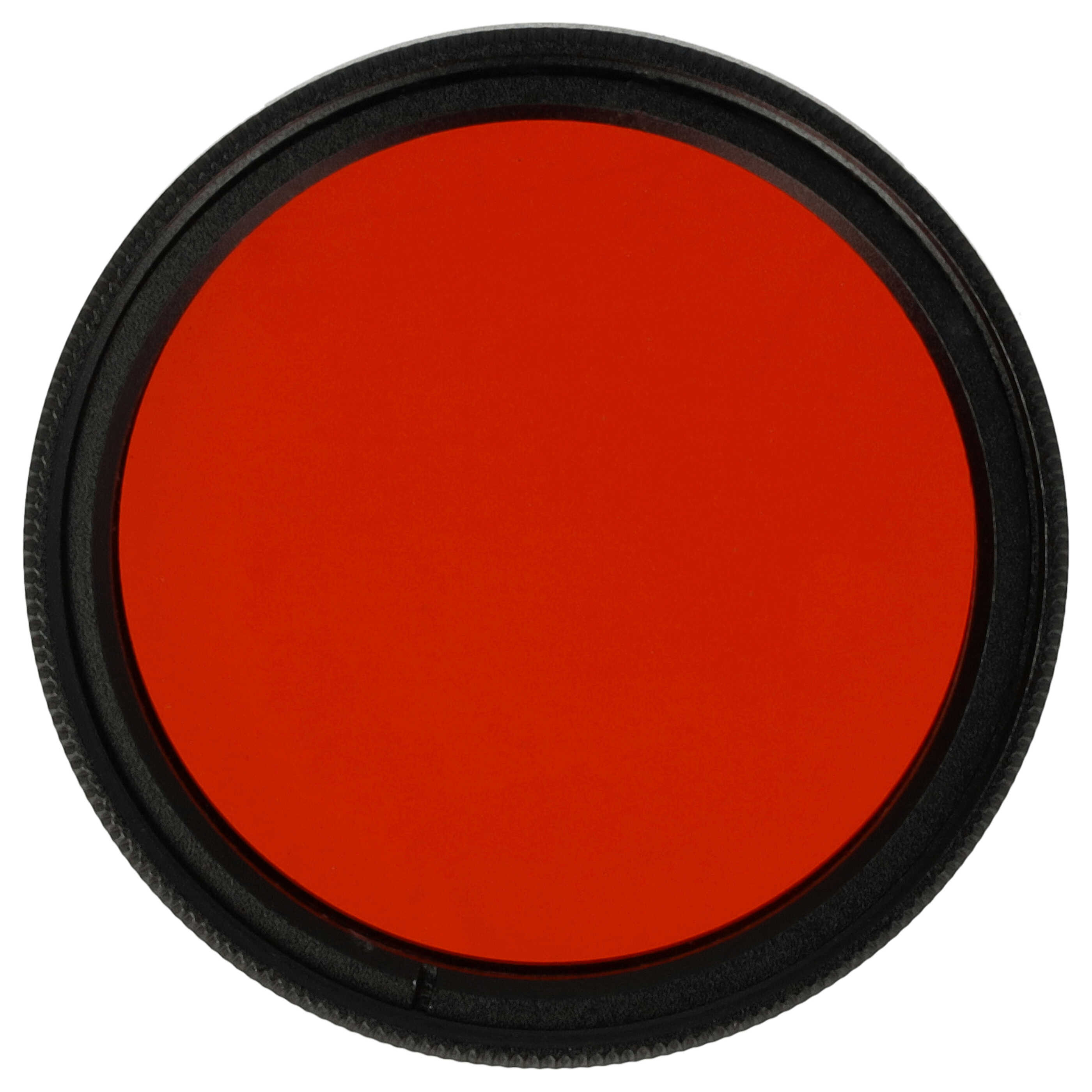 Ein kreisförmiger roter Filter mit schwarzem Rand. Der Hintergrund ist weiß.