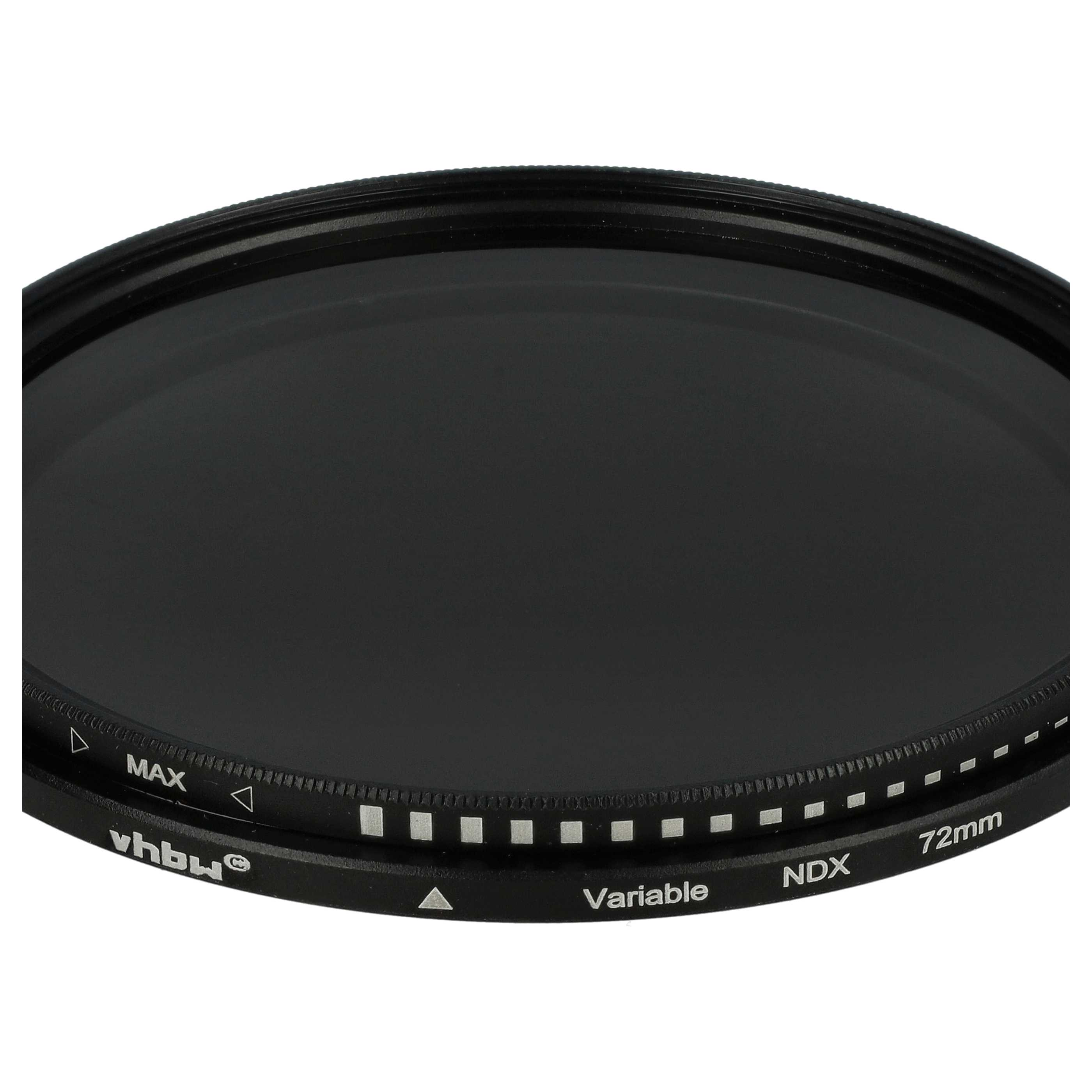 Ein schwarzer NDX 72mm variabler Filter. Es hat Markierungen für MAX, Variable und NDX. Es ist ein Kameraobjektivfilter.