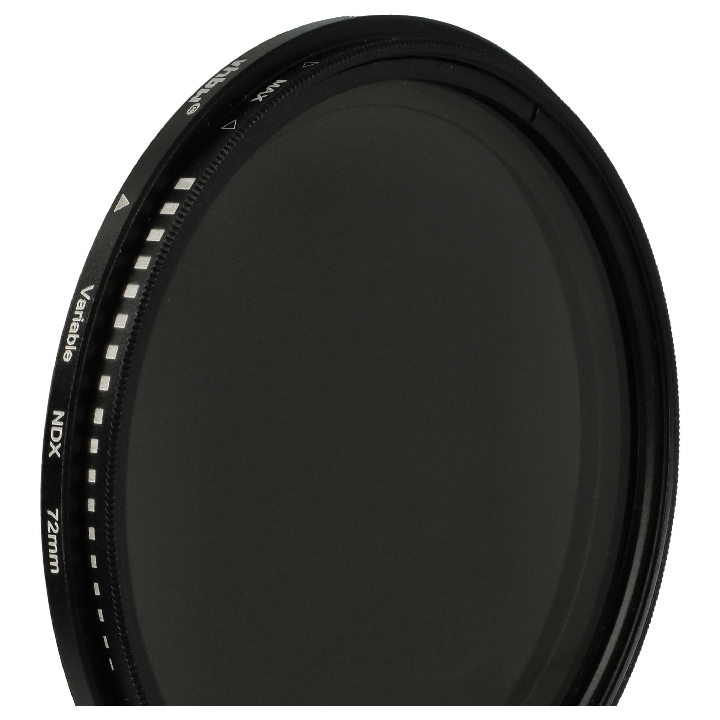 Nahaufnahme eines schwarzen NDX 72mm-Variablenfilters. Text enthält: Variable, NDX und 72mm. In der Mitte befindet sich eine schwarze Linse.