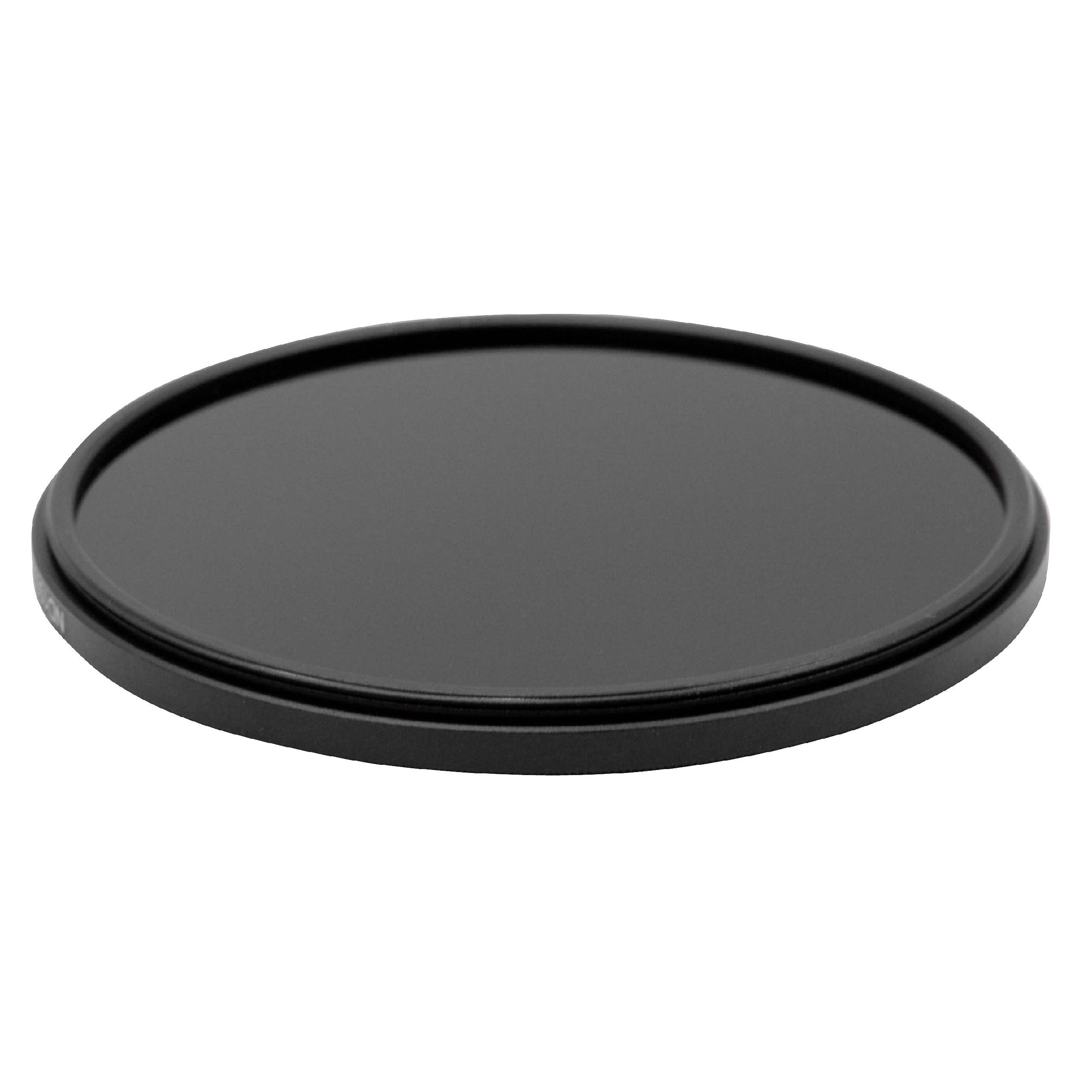 Ein runder, schwarzer Kameraobjektivfilter. Es ist auf weißem Hintergrund zentriert. Der Filter besteht aus Glas.