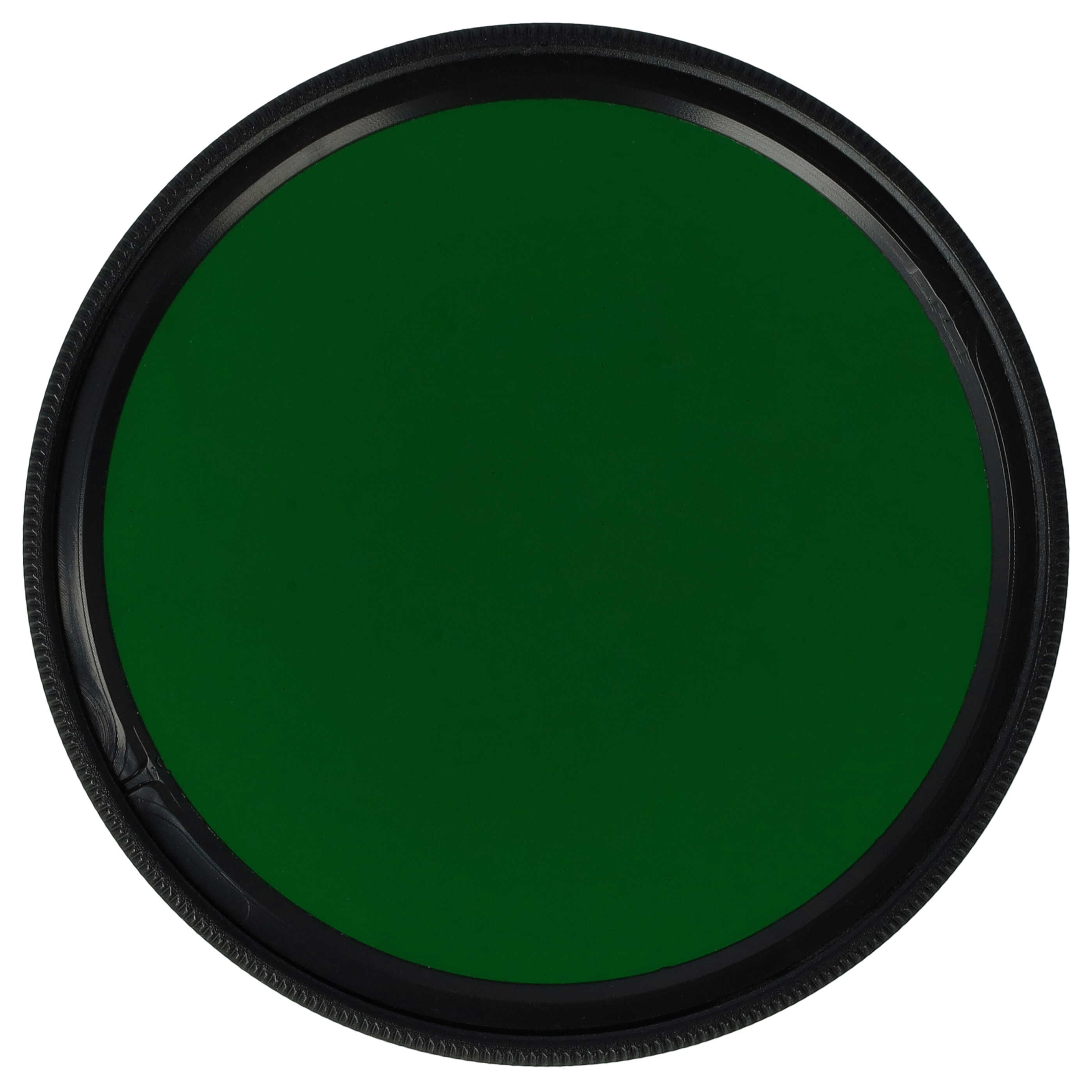 Ein kreisförmiger grüner Filter mit schwarzem Rahmen. Der Filter ist auf weißem Hintergrund zentriert.