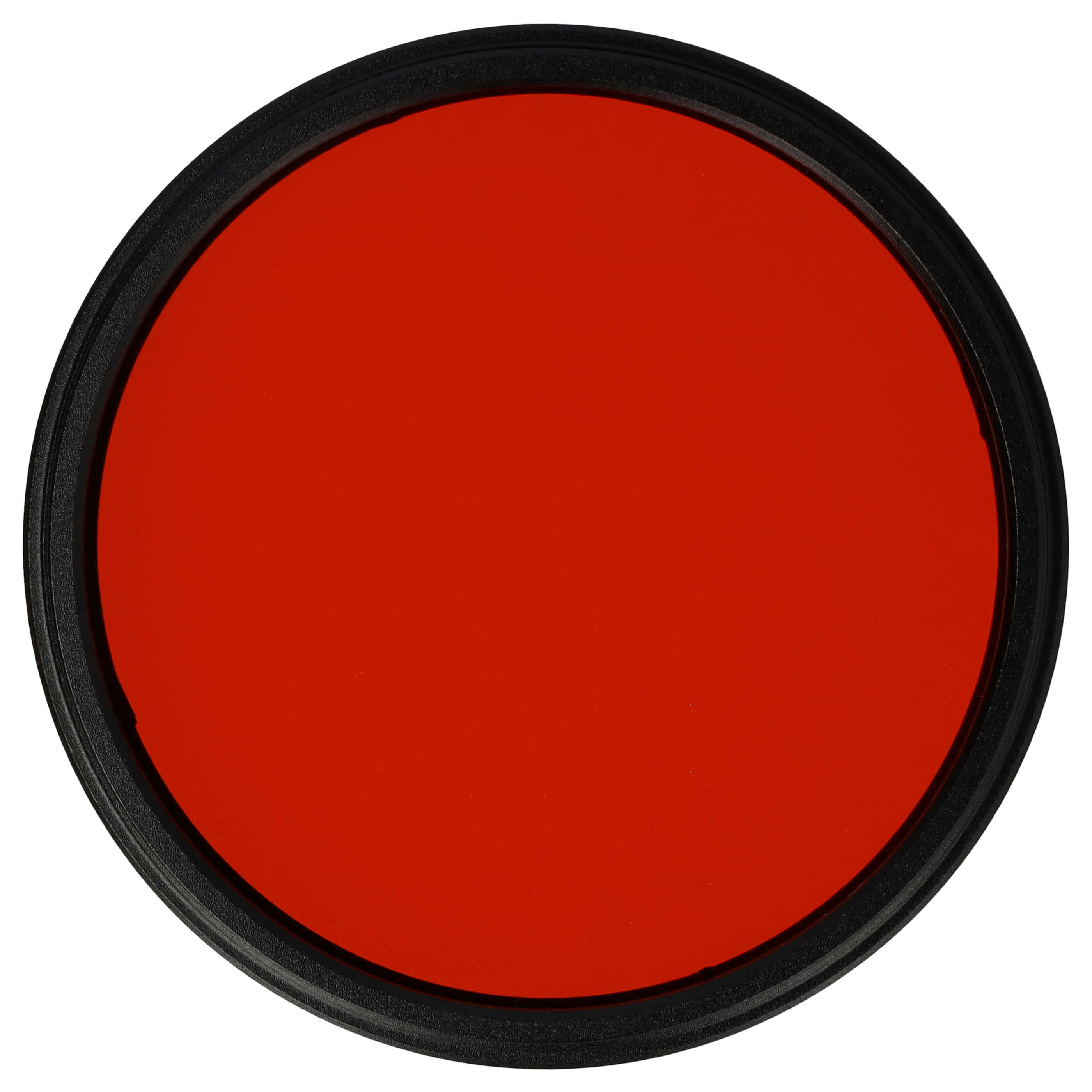 Ein kreisförmiger roter Filter mit schwarzem Rahmen auf weißem Hintergrund. Der Filter ist zentriert.