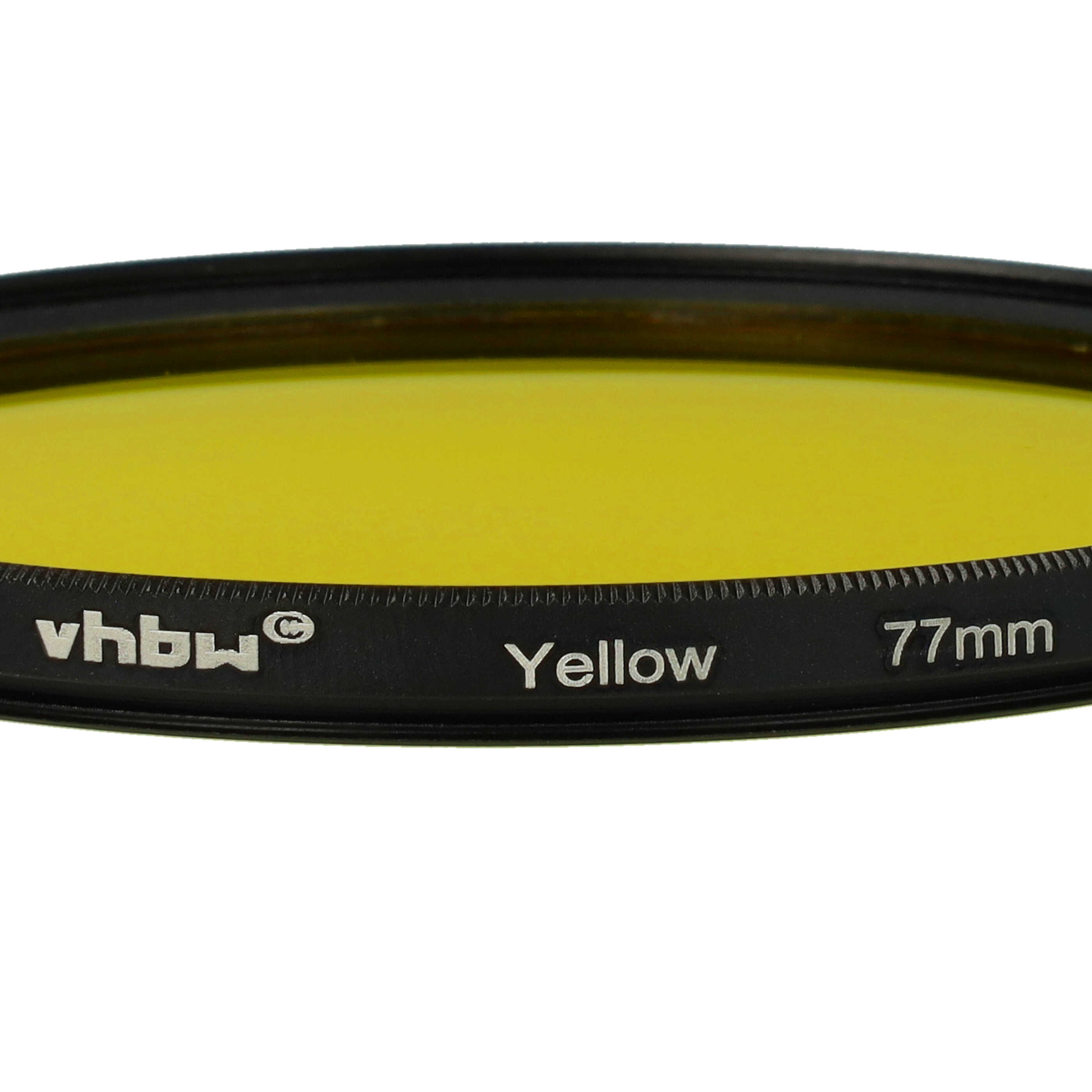 Ein gelber Objektivfilter mit schwarzem Rand. Text: vhbw, Yellow und 77mm. Der Hintergrund ist weiß.