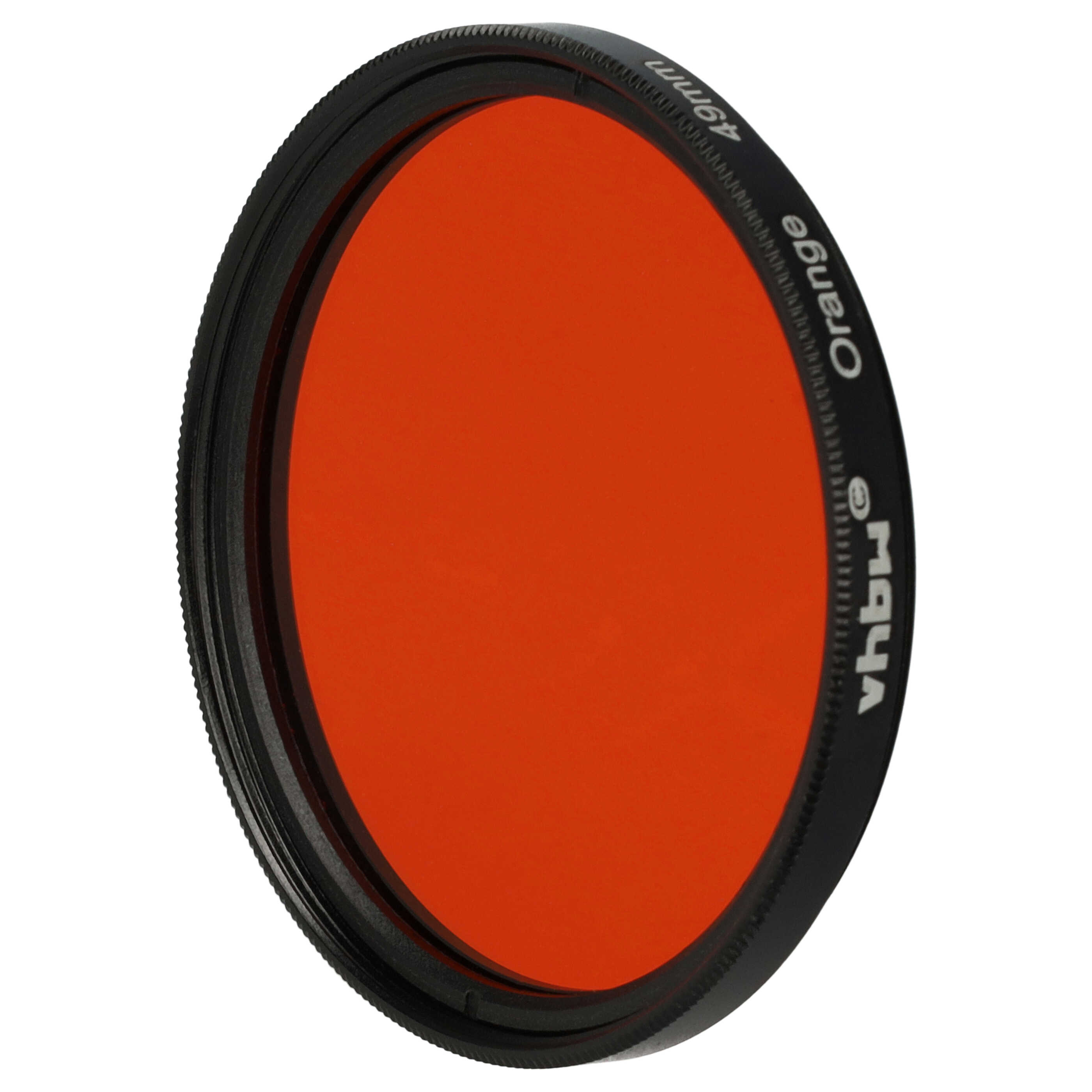 Ein orangefarbener Kamerafilter mit schwarzem Rahmen. Der Filter hat das Wort 'Orange' darauf.