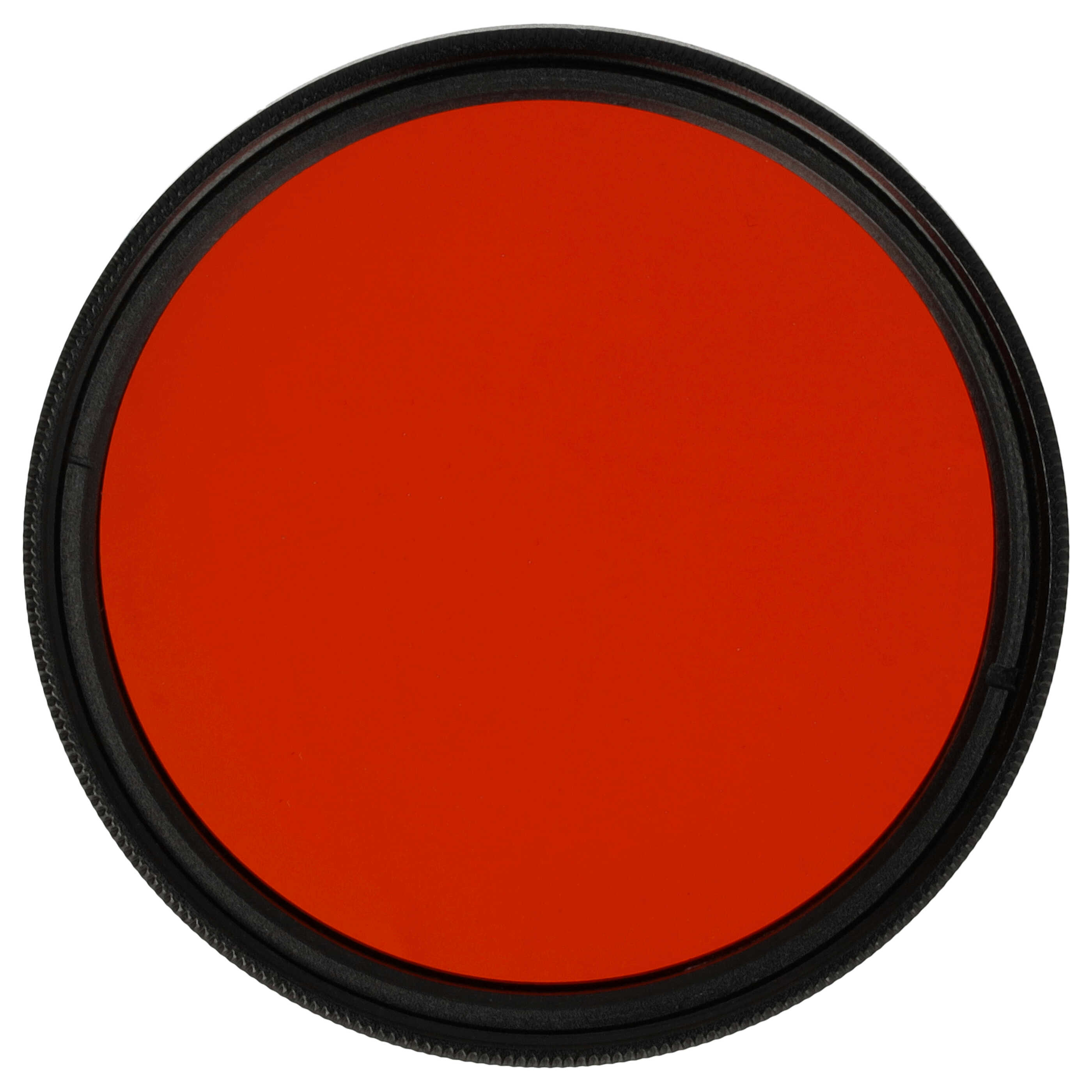Ein kreisförmiger roter Filter für ein Kameraobjektiv, umgeben von einem schwarzen Ring, vor weißem Hintergrund.