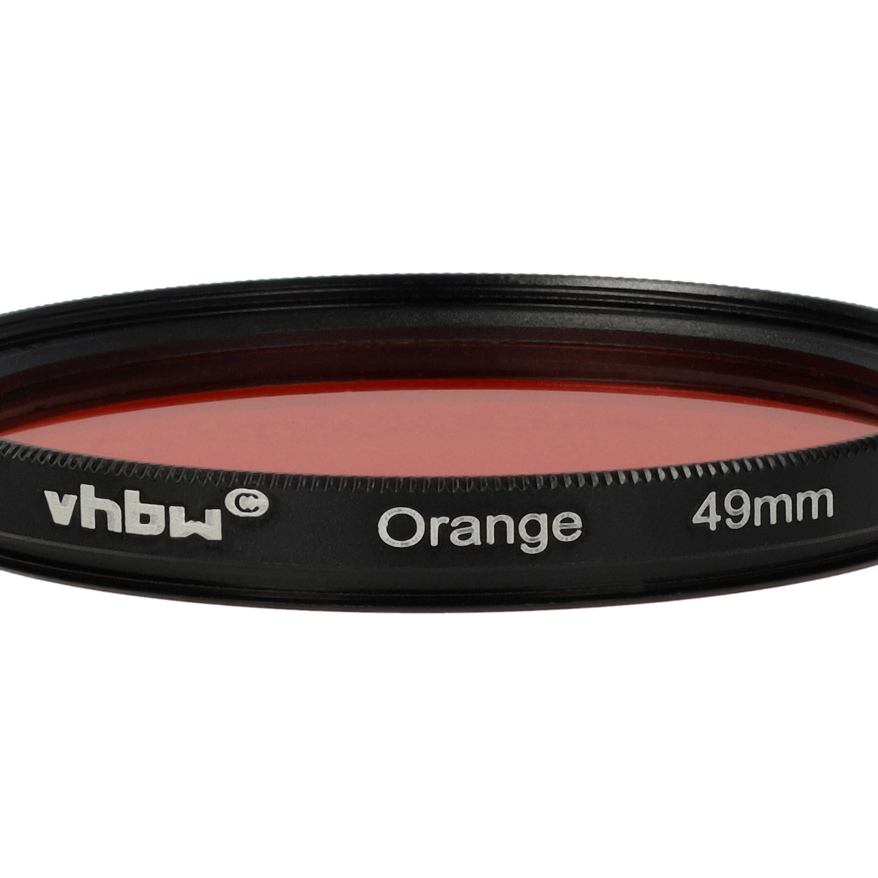 Ein orangefarbener Filter mit schwarzem Rand. Text: vhbw Orange 49mm. Vor weißem Hintergrund.