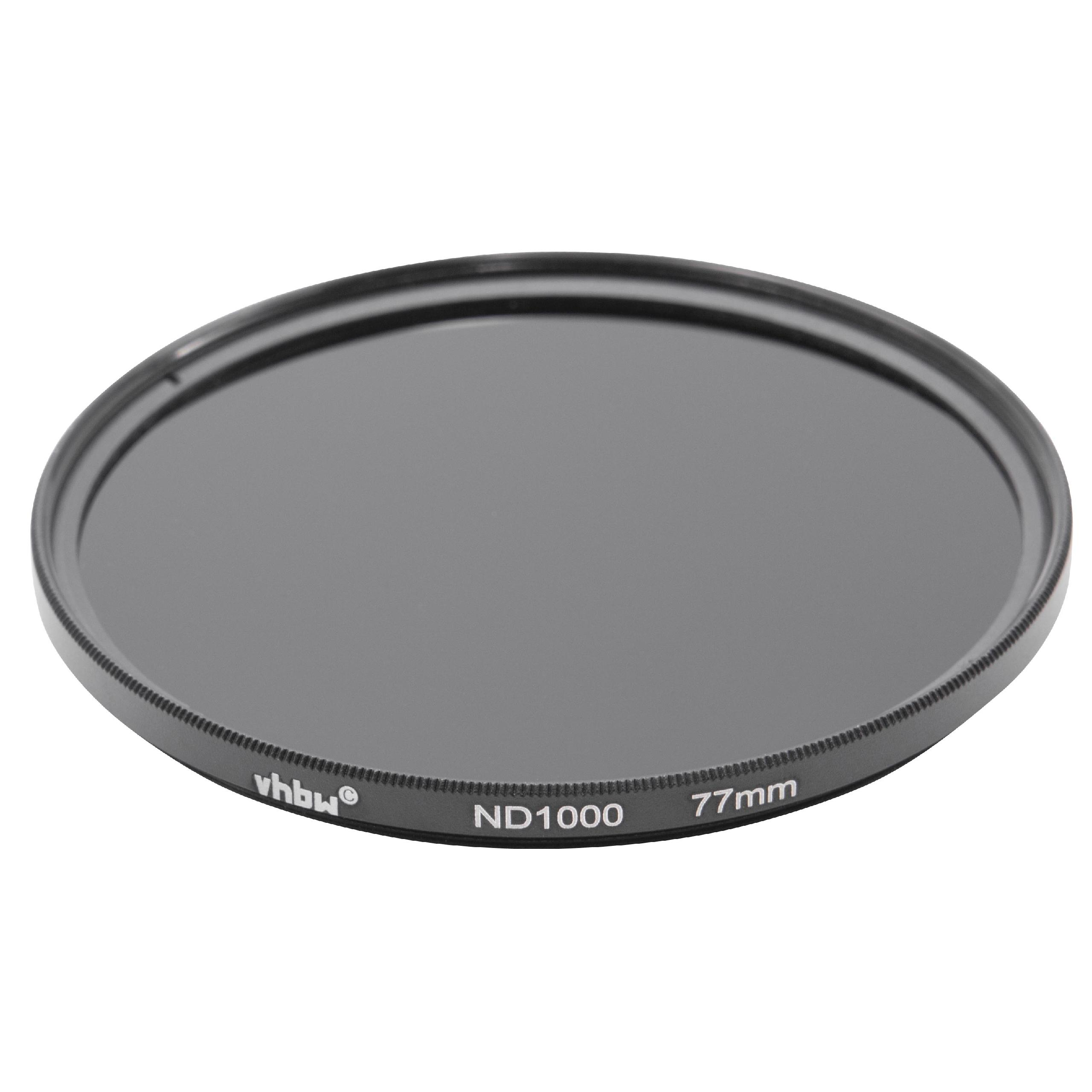 Ein kreisförmiger schwarzer ND1000 77mm Kamerafilter. Der Filter hat ein dunkles Glas und einen schwarzen Metallrand.