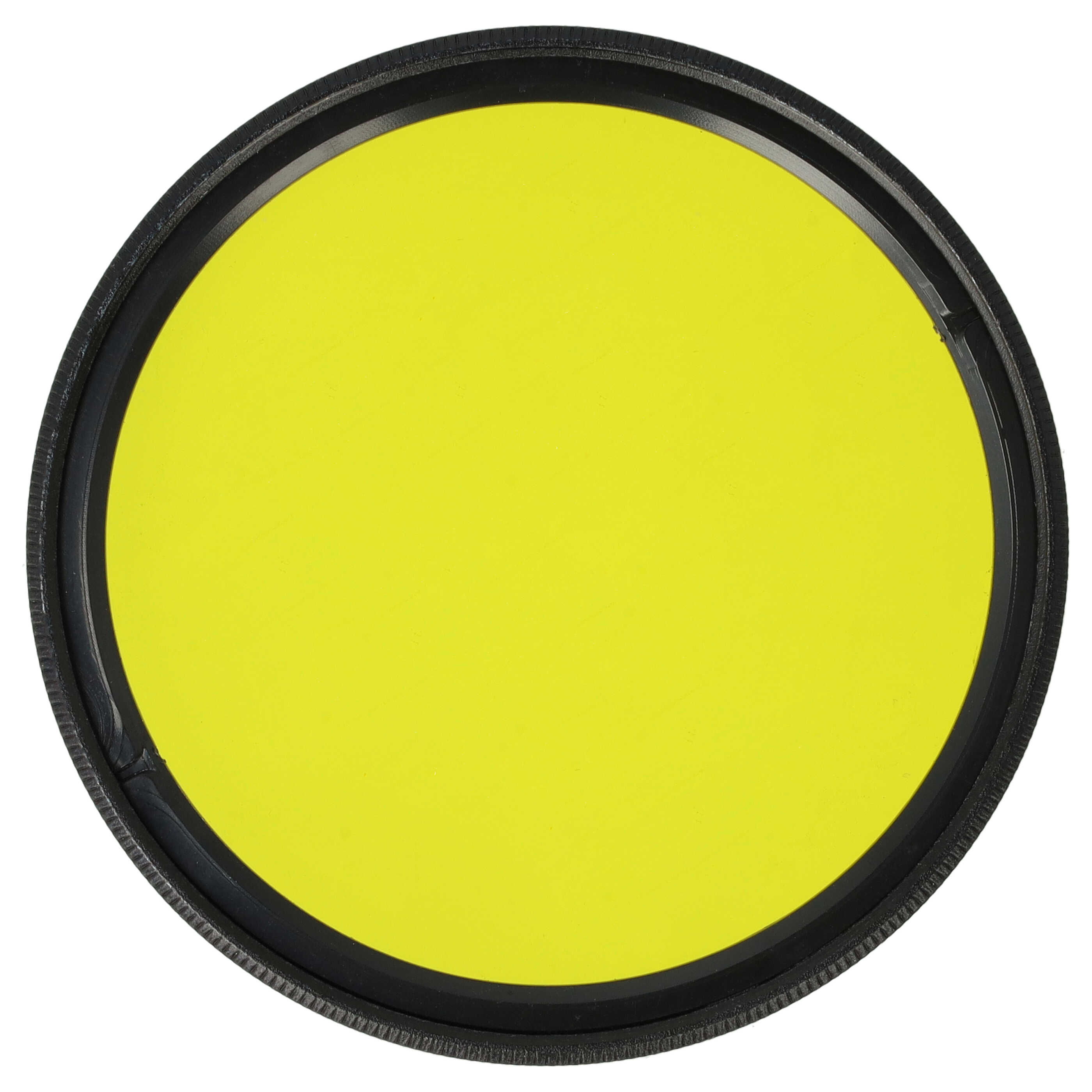 Ein kreisförmiger gelber Filter mit schwarzem Rand. Der Filter ist auf weißem Hintergrund zentriert, isoliert.