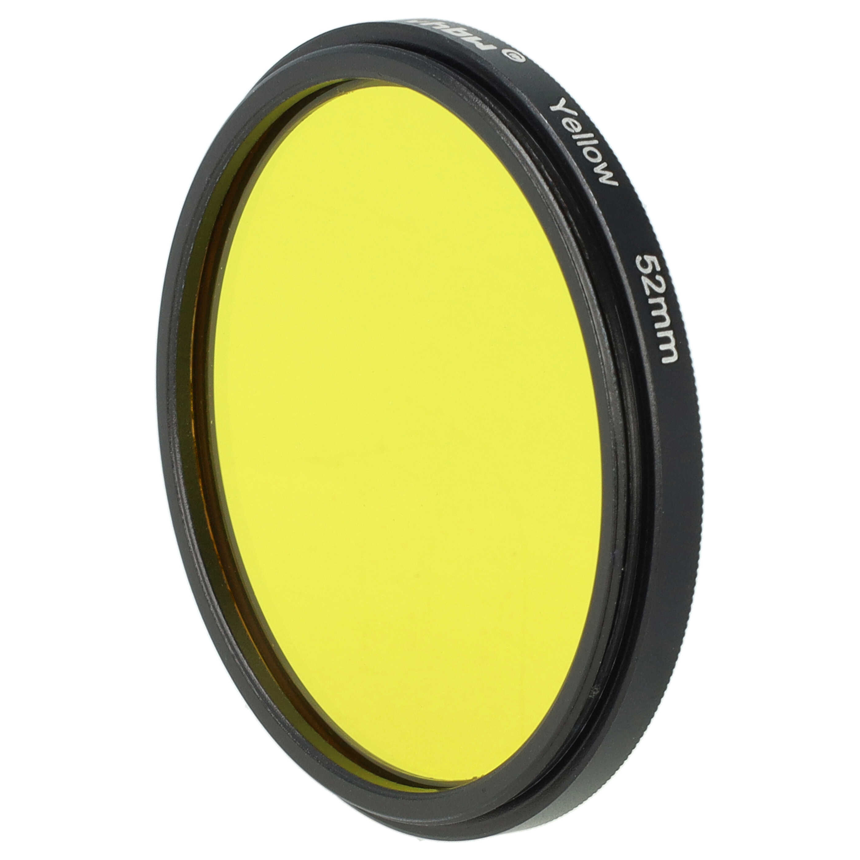 Ein gelber 52-mm-Fotofilter mit schwarzem Rahmen. Der Filter hat das Wort 'Gelb'.