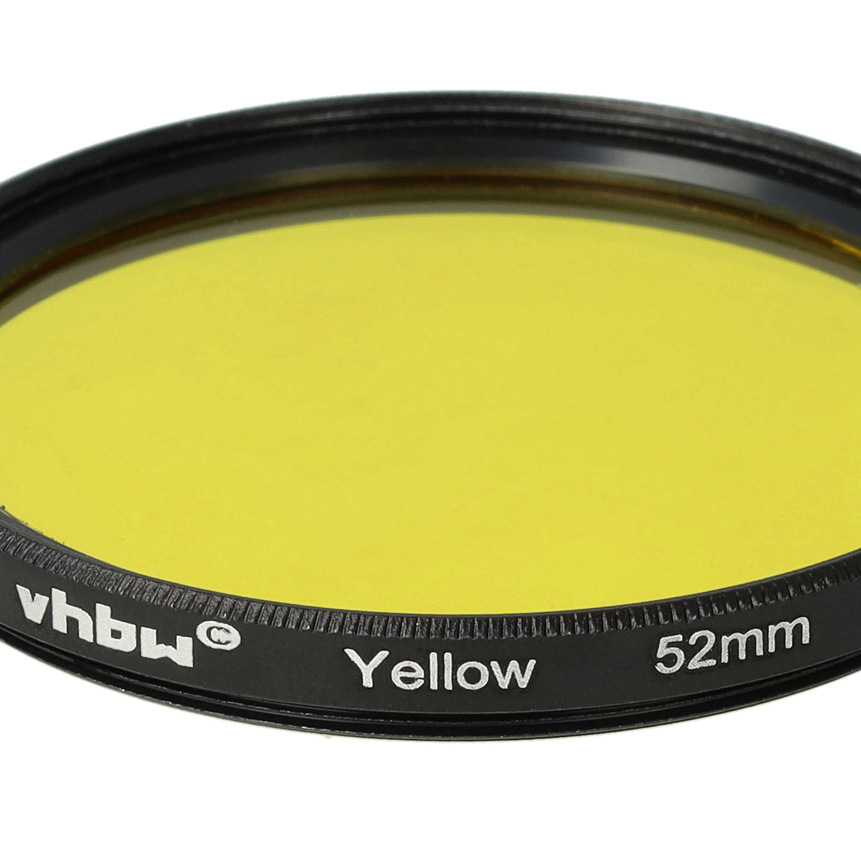 Ein gelber Objektivfilter mit schwarzem Rand. Der Text lautet 'Gelb' und '52mm'.