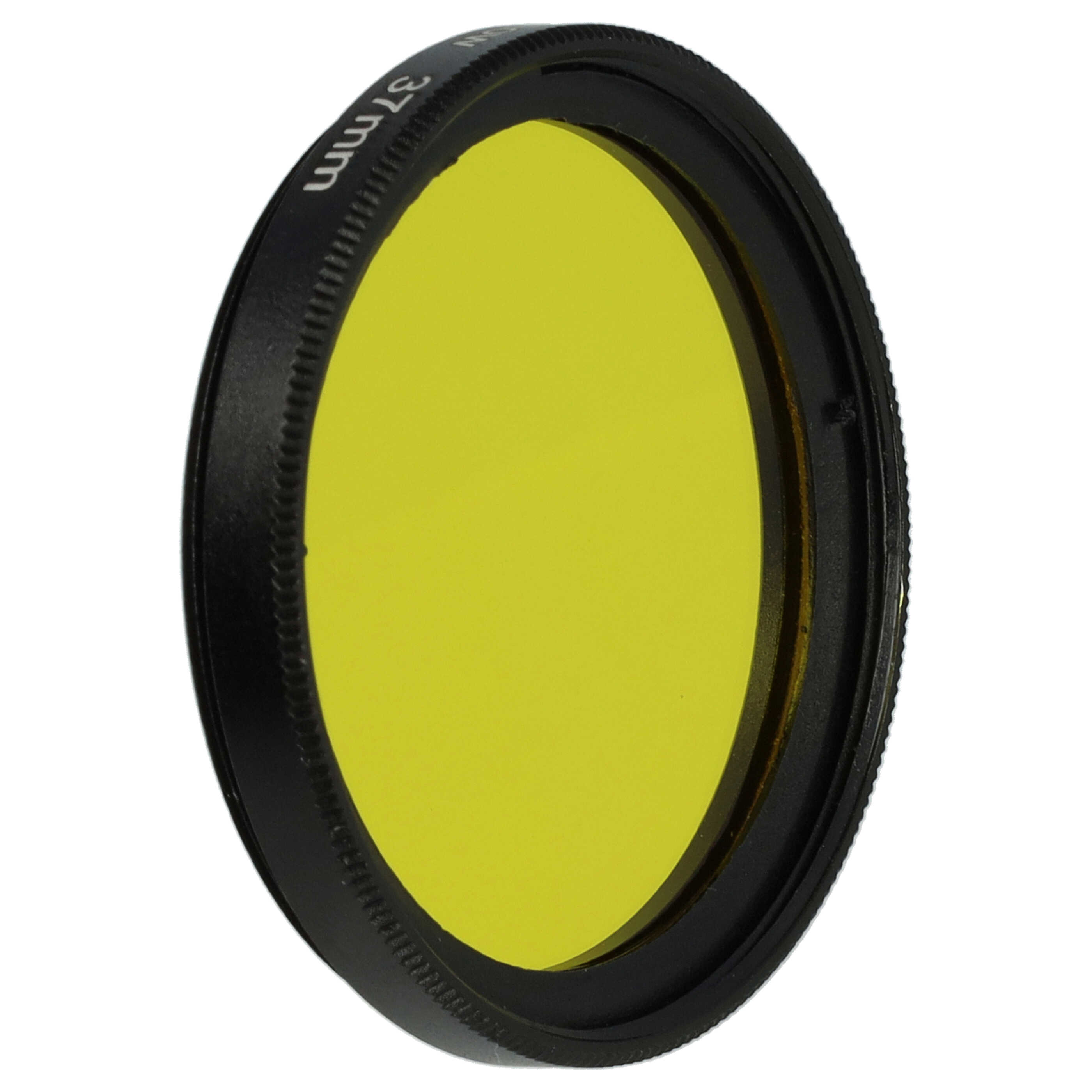 Ein 37-mm-Gelbfilter für ein Kameraobjektiv. Es hat einen schwarzen Ring mit Größenmarkierung und gelbem Glas.