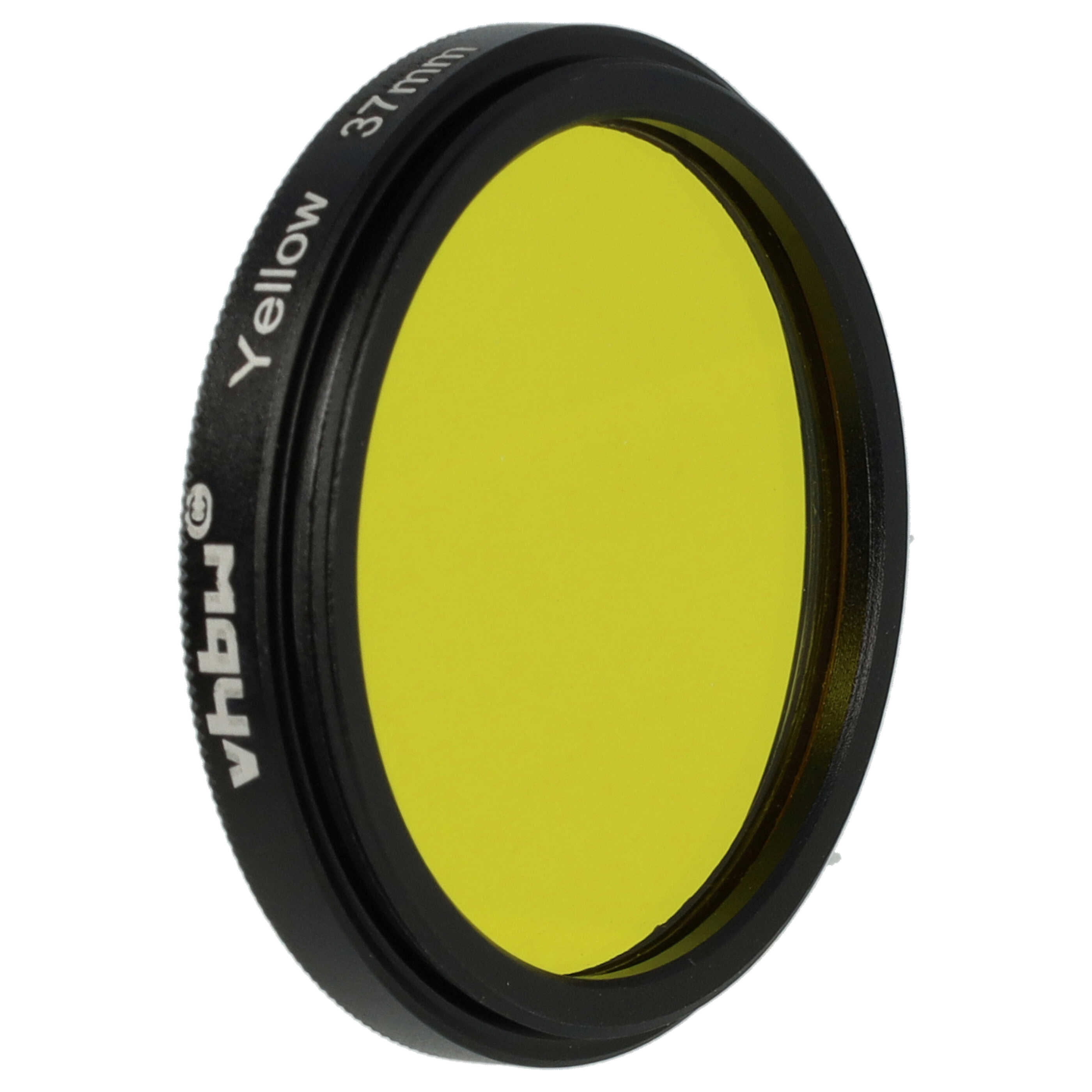 Ein gelber Objektivfilter mit schwarzem Rahmen. Auf dem Filter steht "Yellow" und "37mm".