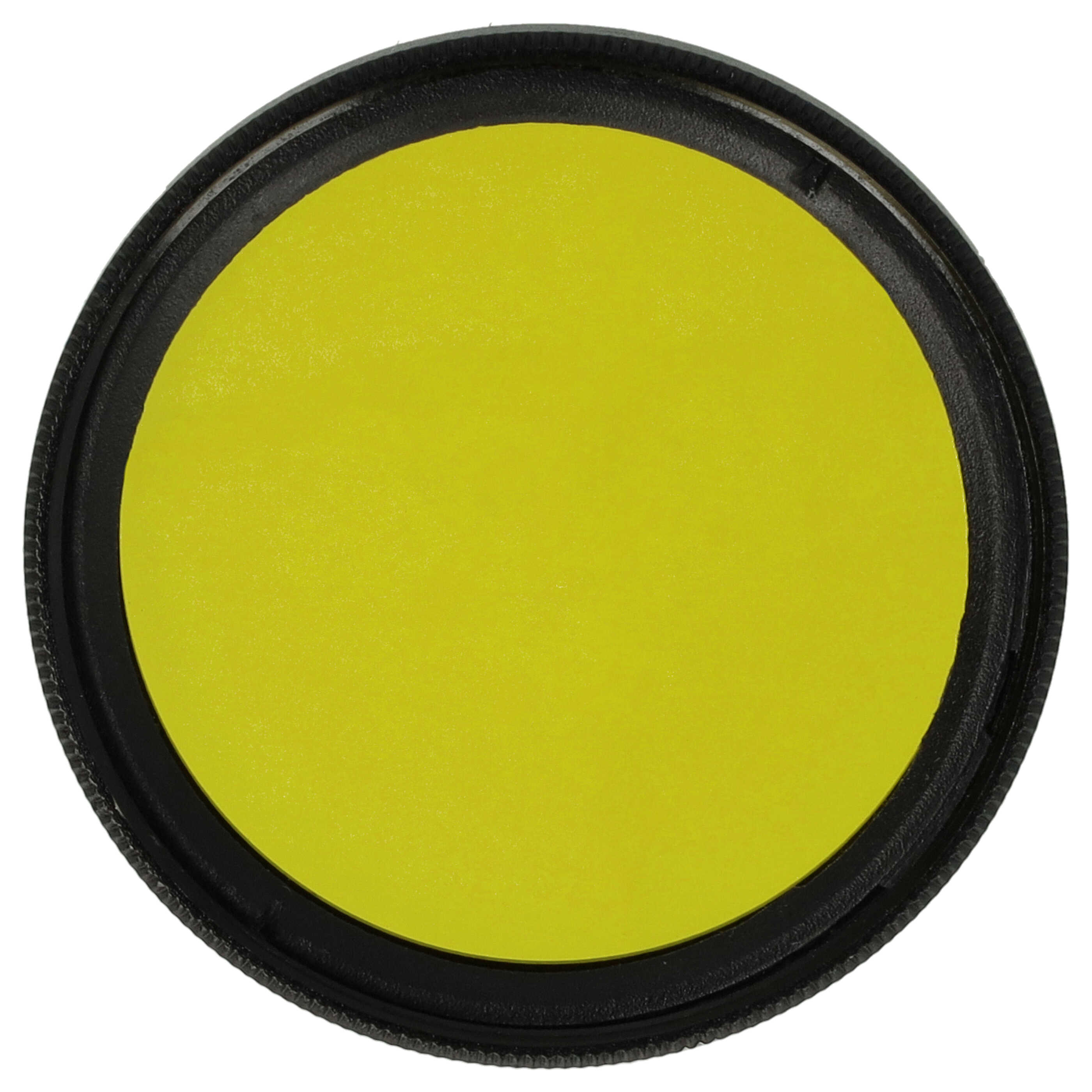 Ein gelber kreisförmiger Filter in einem schwarzen Ring. Der Hintergrund ist weiß.