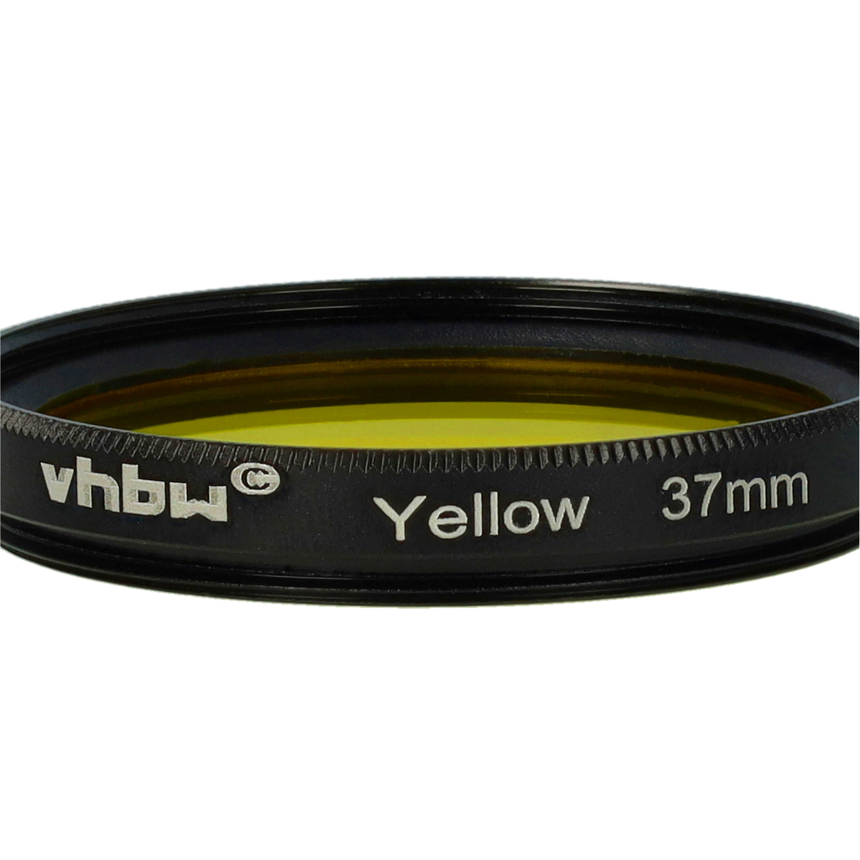 Ein gelber Objektivfilter mit schwarzem Rahmen. Der Text lautet: vhbw, Yellow und 37mm. Der Hintergrund ist weiß.