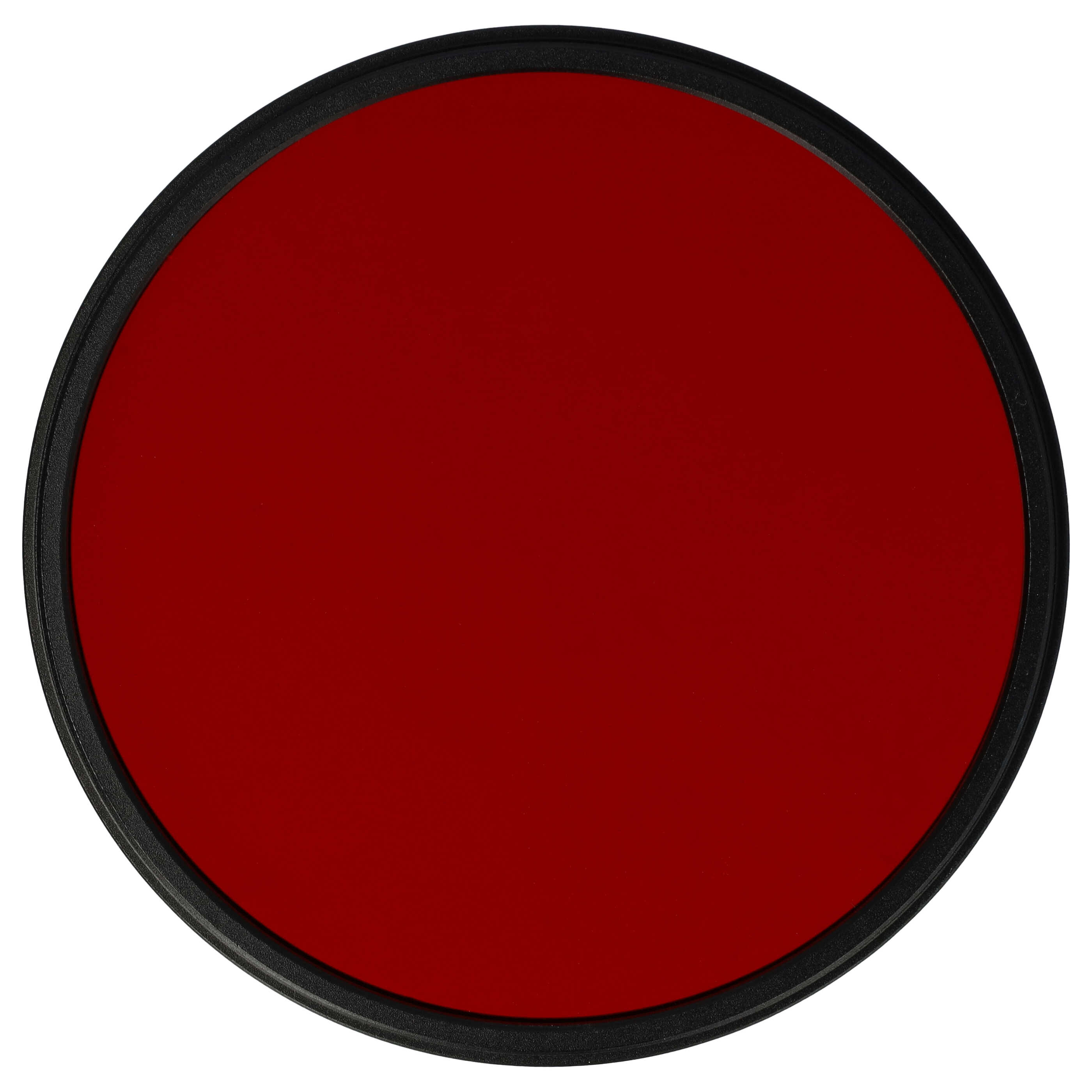 Kreisförmiger roter Filter mit schwarzem Rand, isoliert auf weißem Hintergrund. Der Filter ist zentriert.