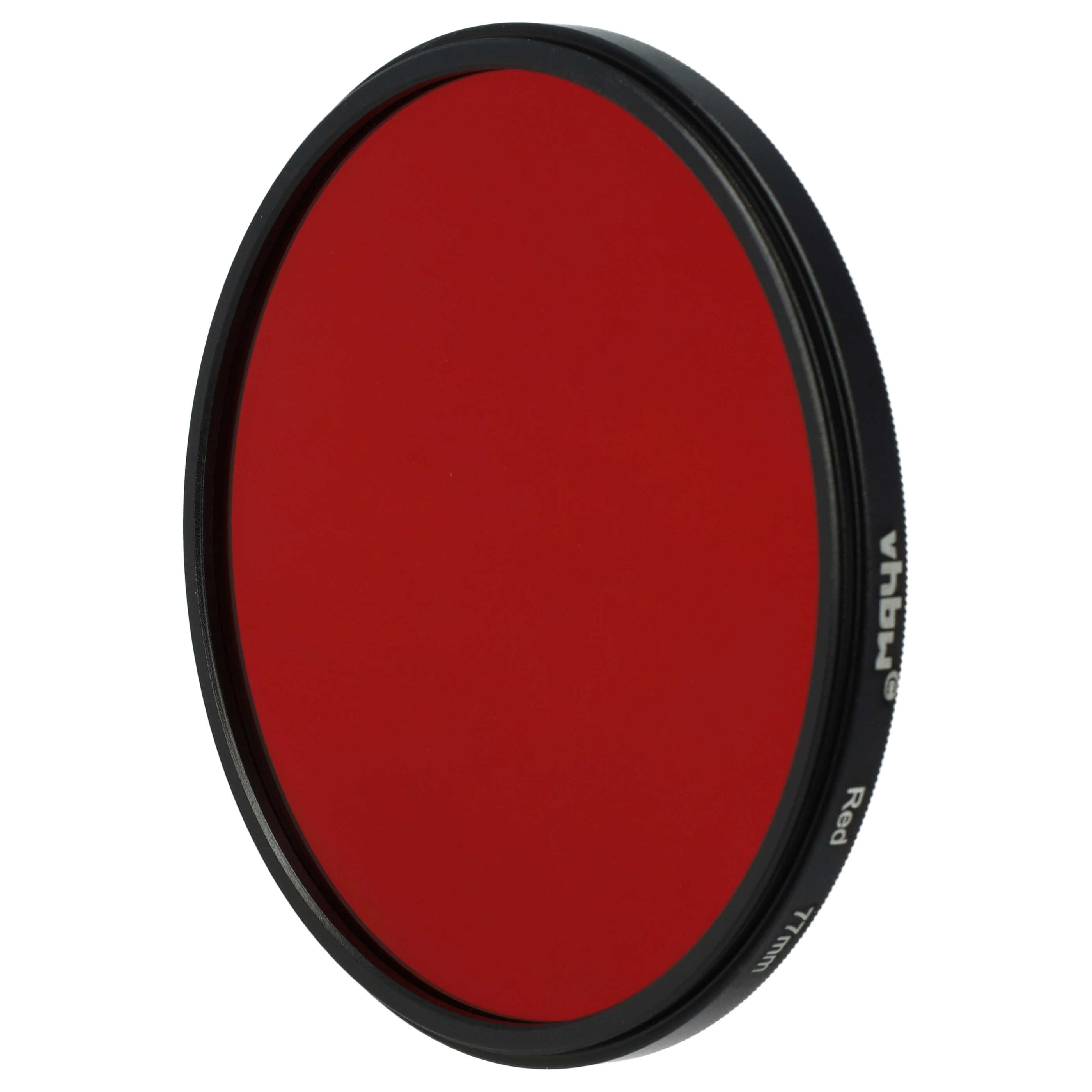 Ein roter Filter mit schwarzem Rand. Auf dem Rand steht 'Red 77mm' und der Markenname. Isoliert auf Weiß.