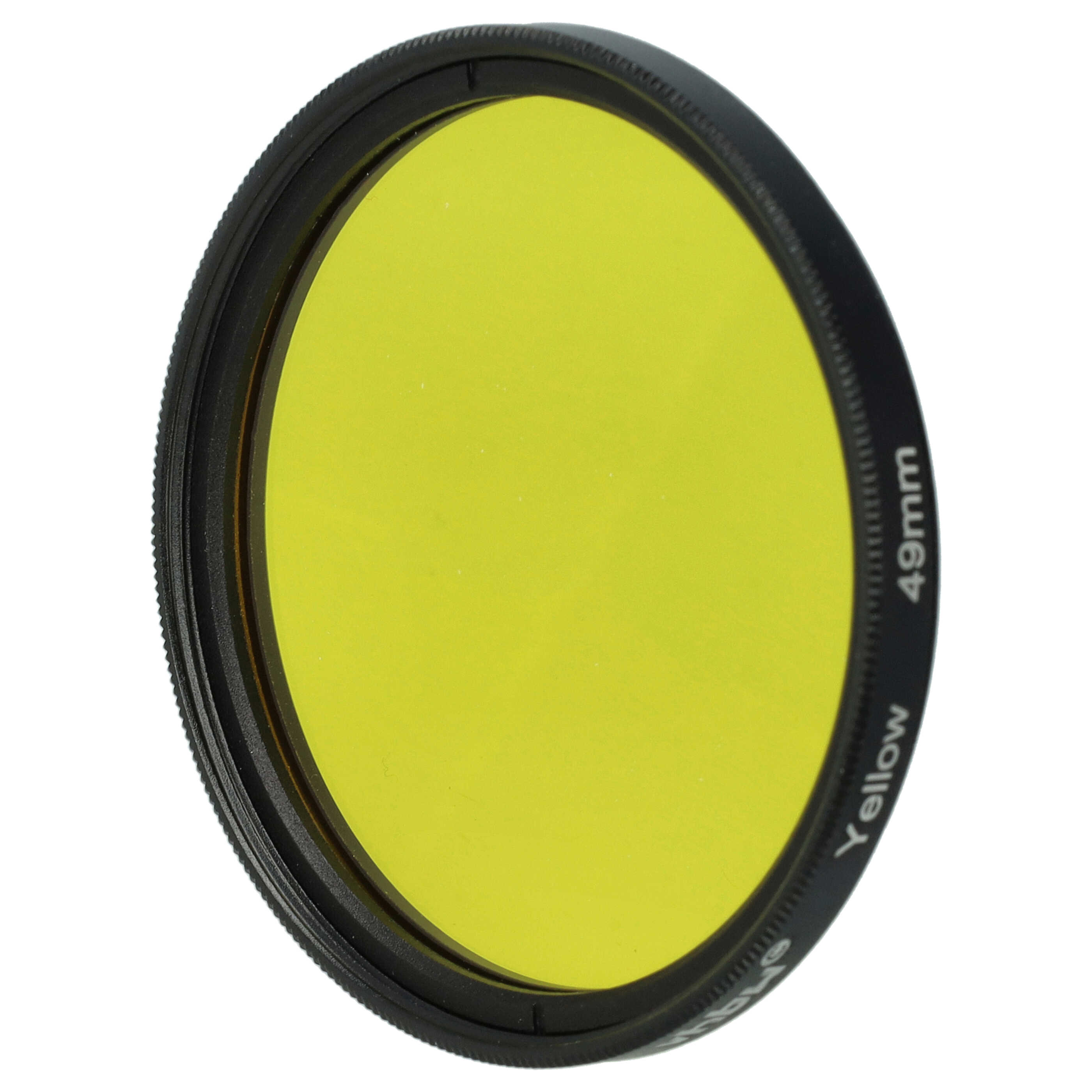 Ein gelber Objektivfilter mit schwarzem Rand. Der Filter ist 49 mm groß und trägt die Aufschrift 'Yellow'. Isoliert auf Weiß.