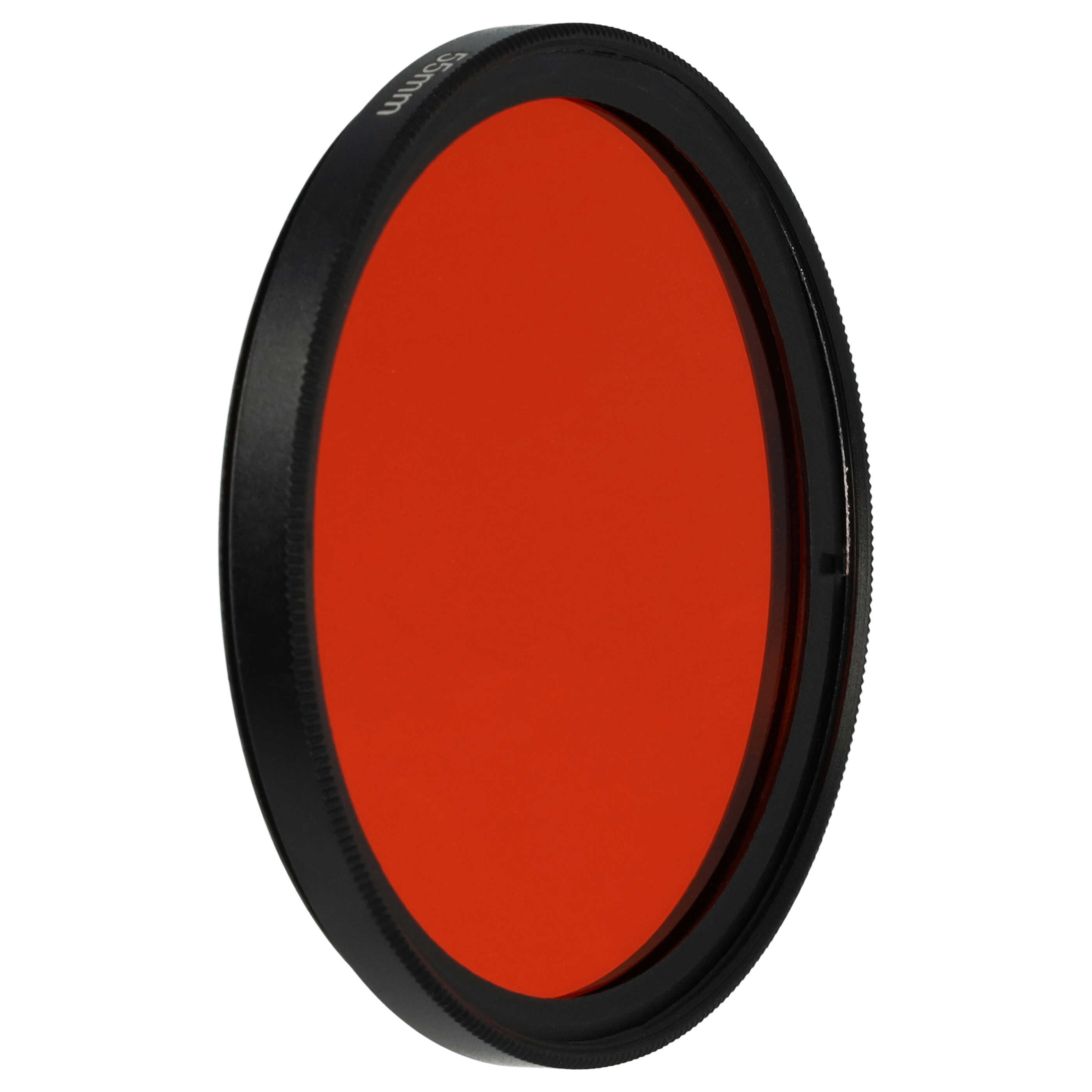 Runder Objektivfilter mit roter Mitte und schwarzem Rand, 55mm-Markierung, isoliert auf weißem Hintergrund.