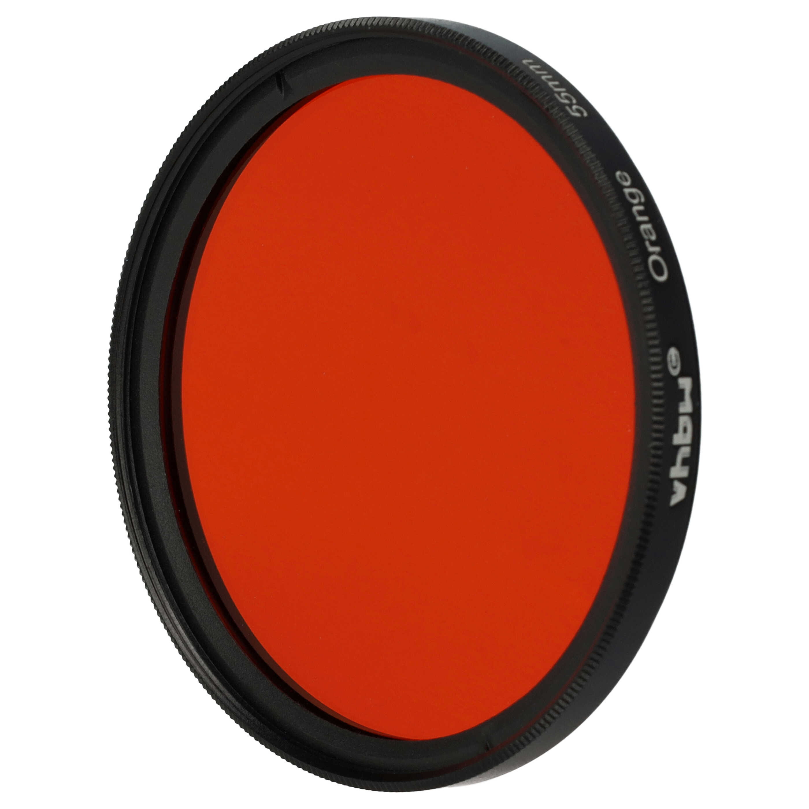 Ein orangefarbener Filter für eine Kamera mit schwarzem Rand. Er ist mit 'Orange' und '55mm' beschriftet.