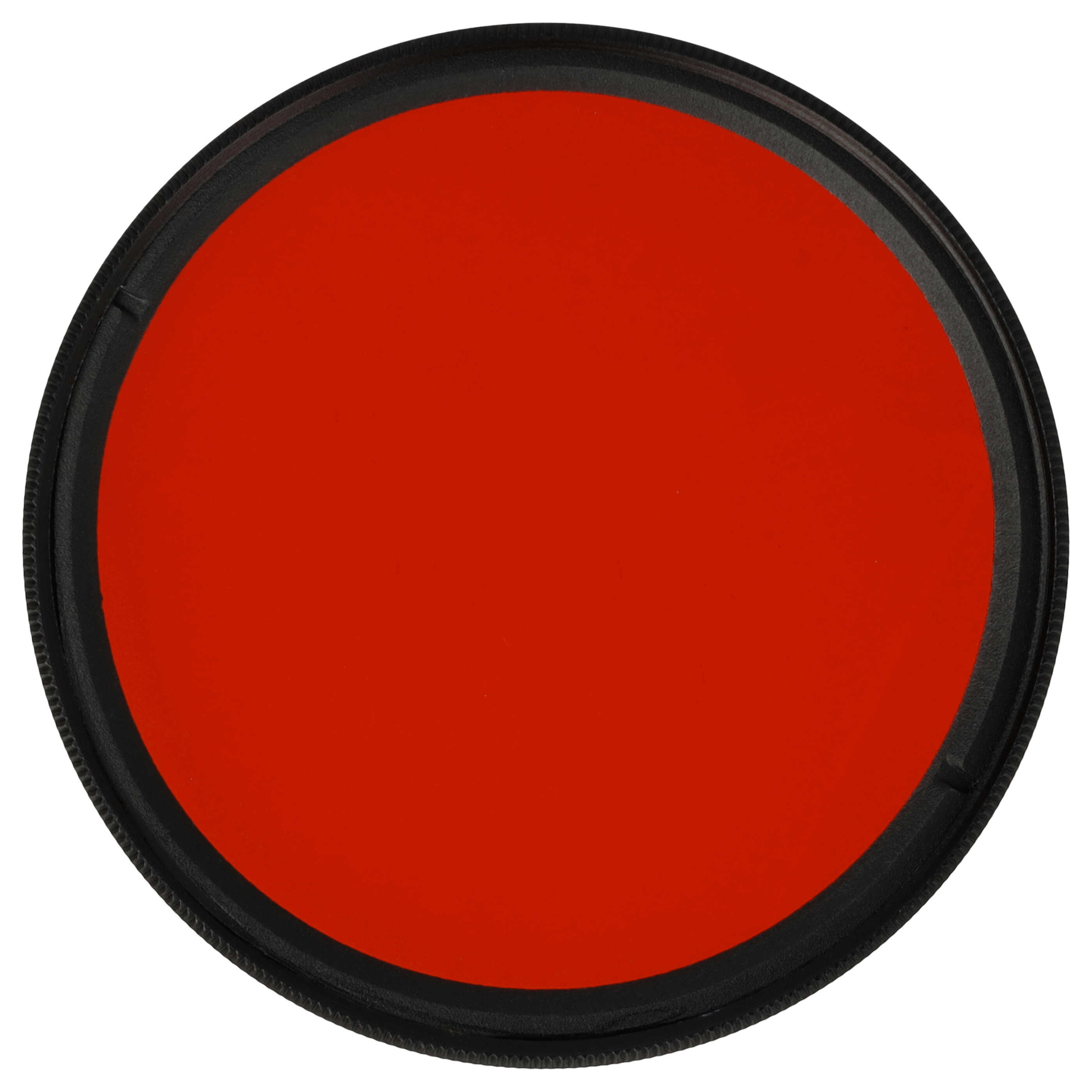 Ein kreisförmiger roter Filter mit schwarzem Rand auf weißem Hintergrund. Es ist ein Kameraobjektivfilter.