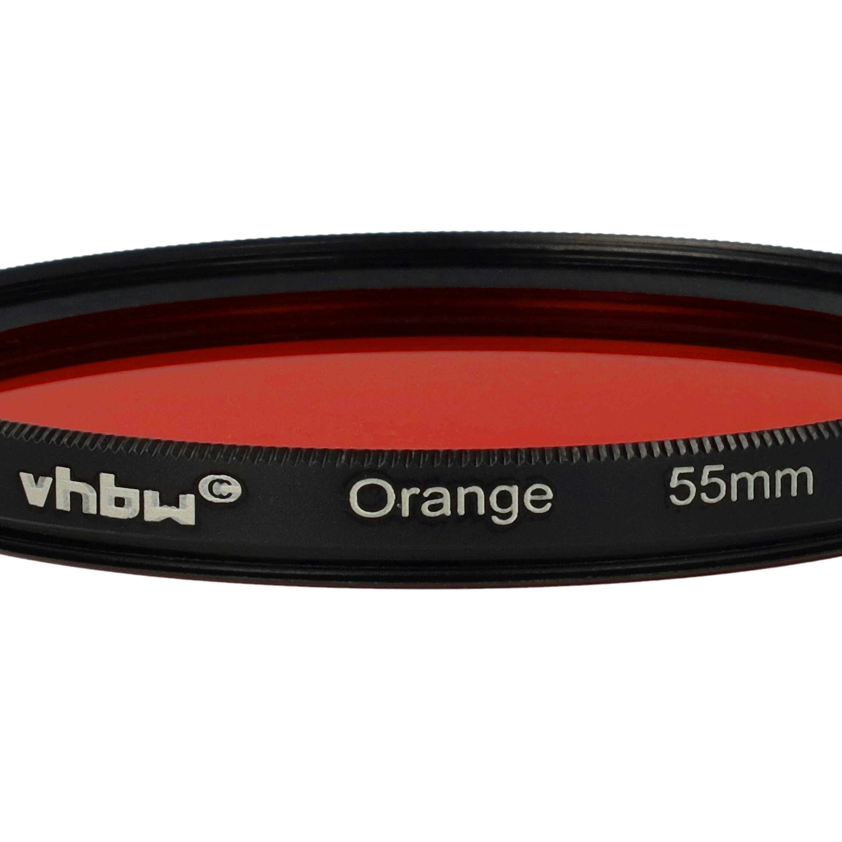 Ein orangefarbener Kamerafilter mit schwarzem Rand. Er hat den Markennamen vhbw, das Wort Orange und die Größe 55mm.