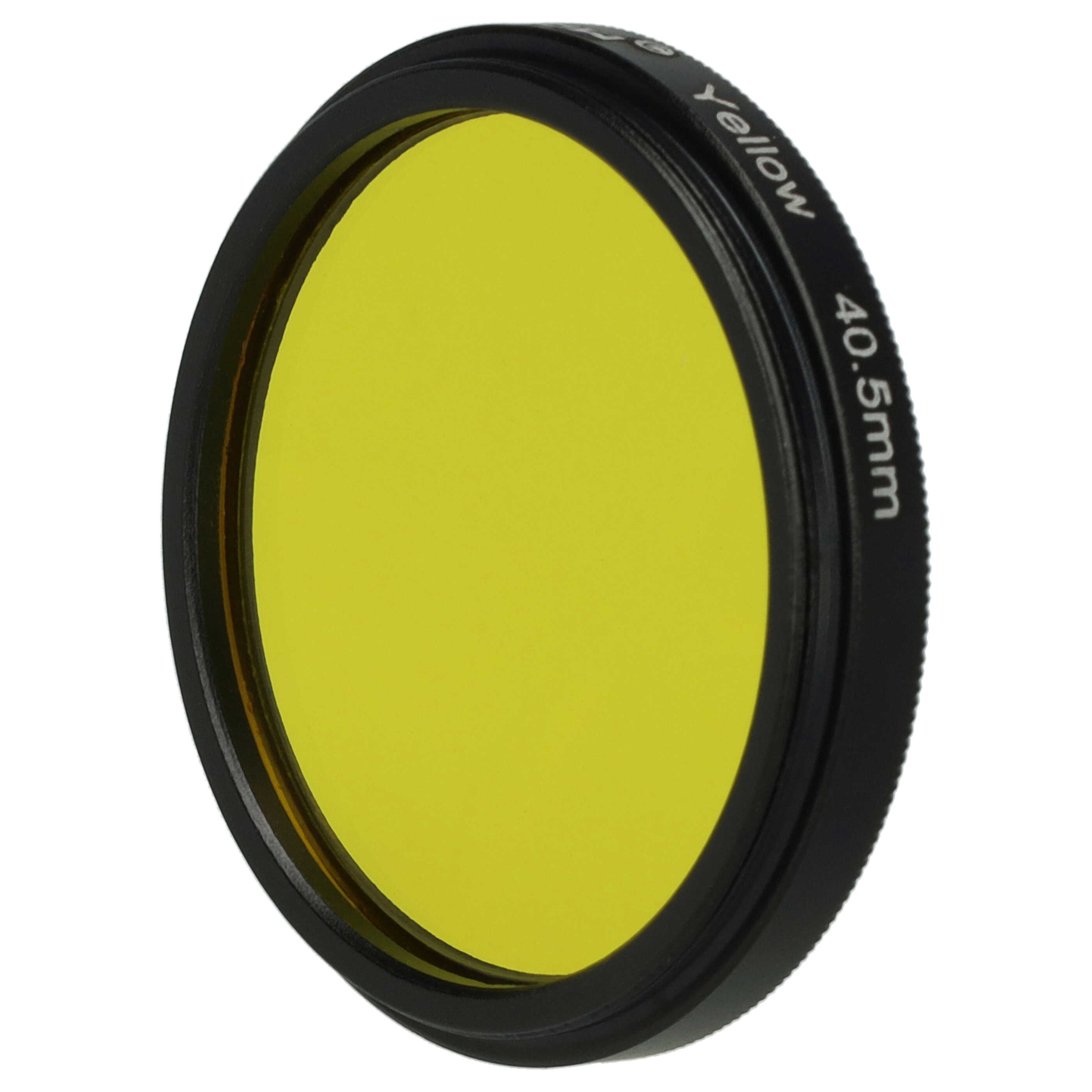 Ein gelber Filter mit schwarzen Rändern, beschriftet mit 'Gelb' und '40,5 mm', vor weißem Hintergrund.
