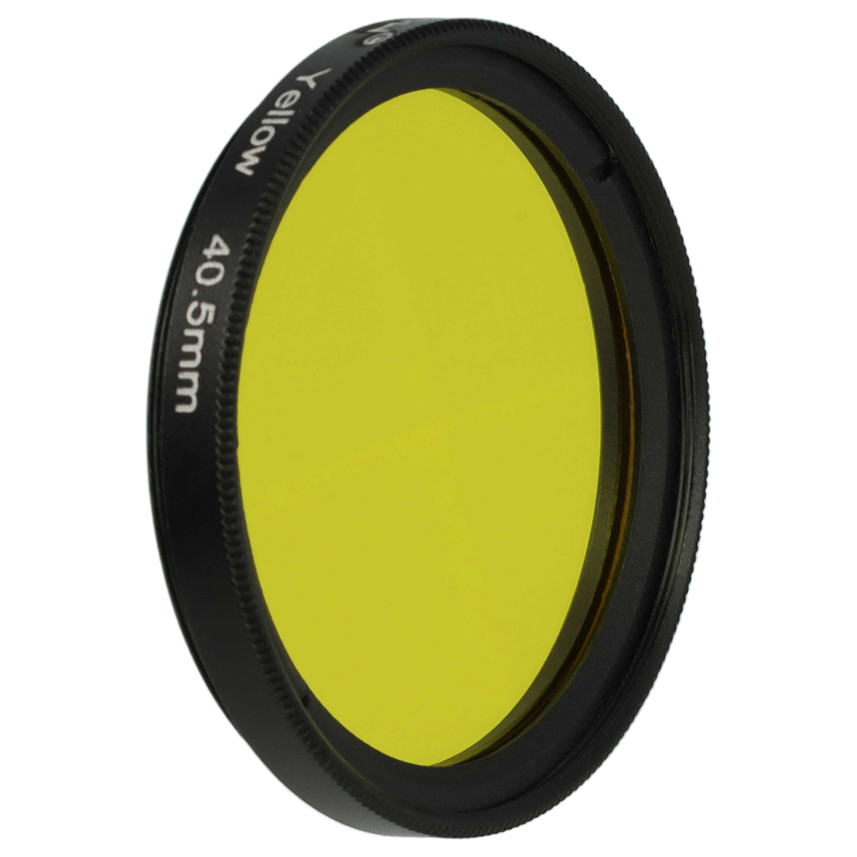 Ein gelber Filterring mit der Aufschrift 'Yellow 40,5 mm'. Der Filter ist schwarz, die Linse gelb.