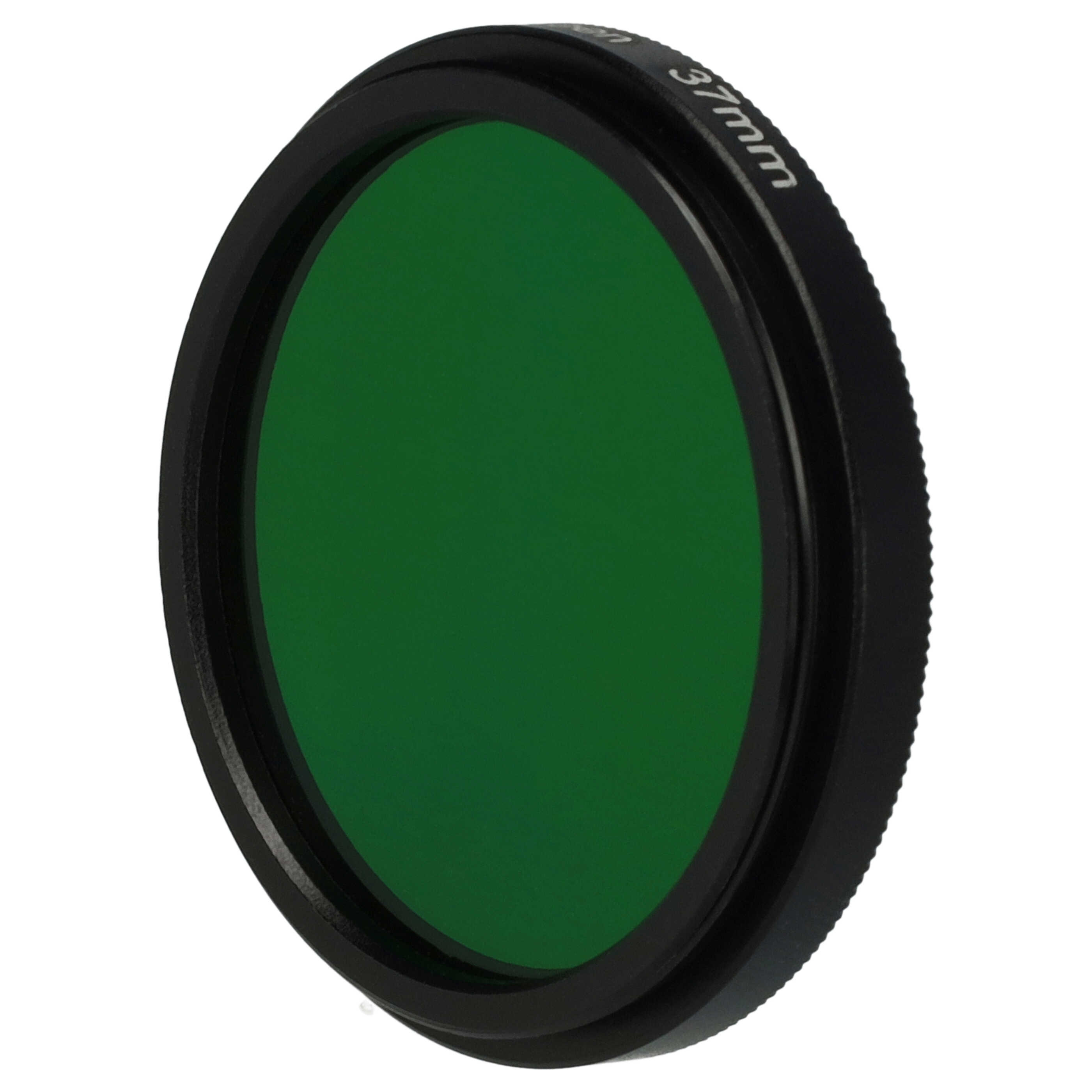 Ein 37-mm-Objektivfilter mit grünem Glas und schwarzem Rahmen auf weißem Hintergrund.