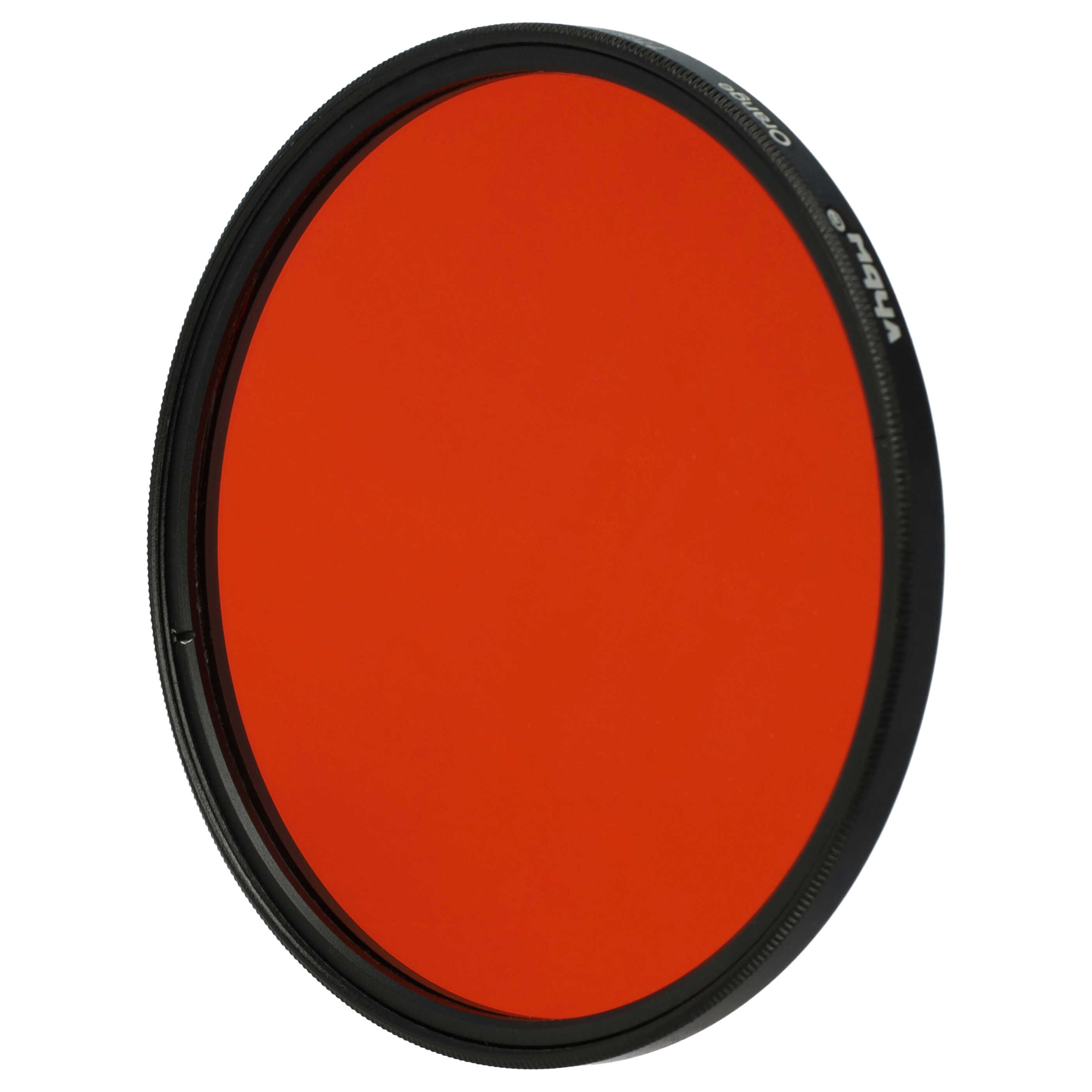 Ein orangefarbener Filter mit schwarzem Rahmen. Der Filter ist kreisförmig.