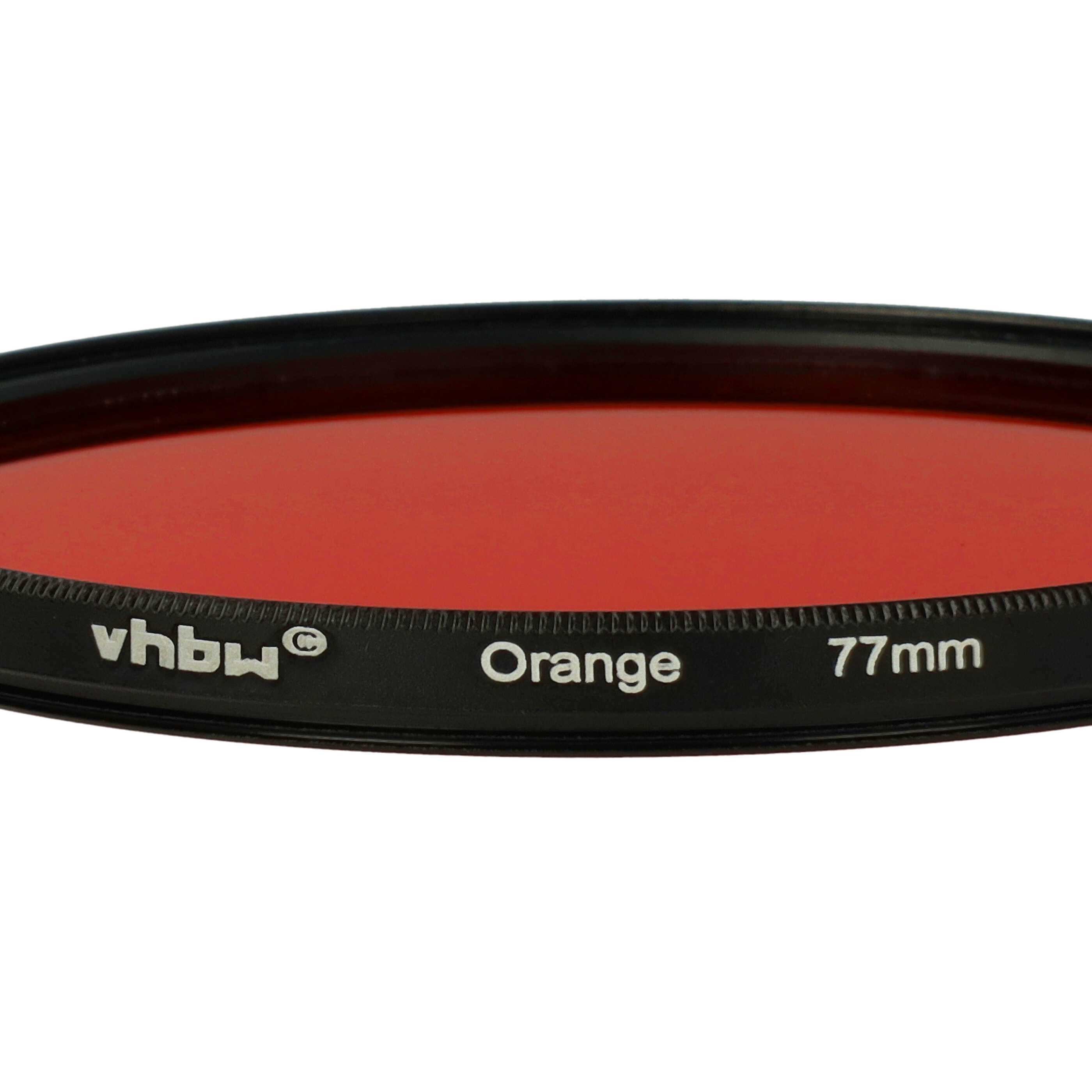 Ein orangefarbener Kamerafilter mit schwarzem Rand. Der Text 'Orange' und '77mm' sind sichtbar.