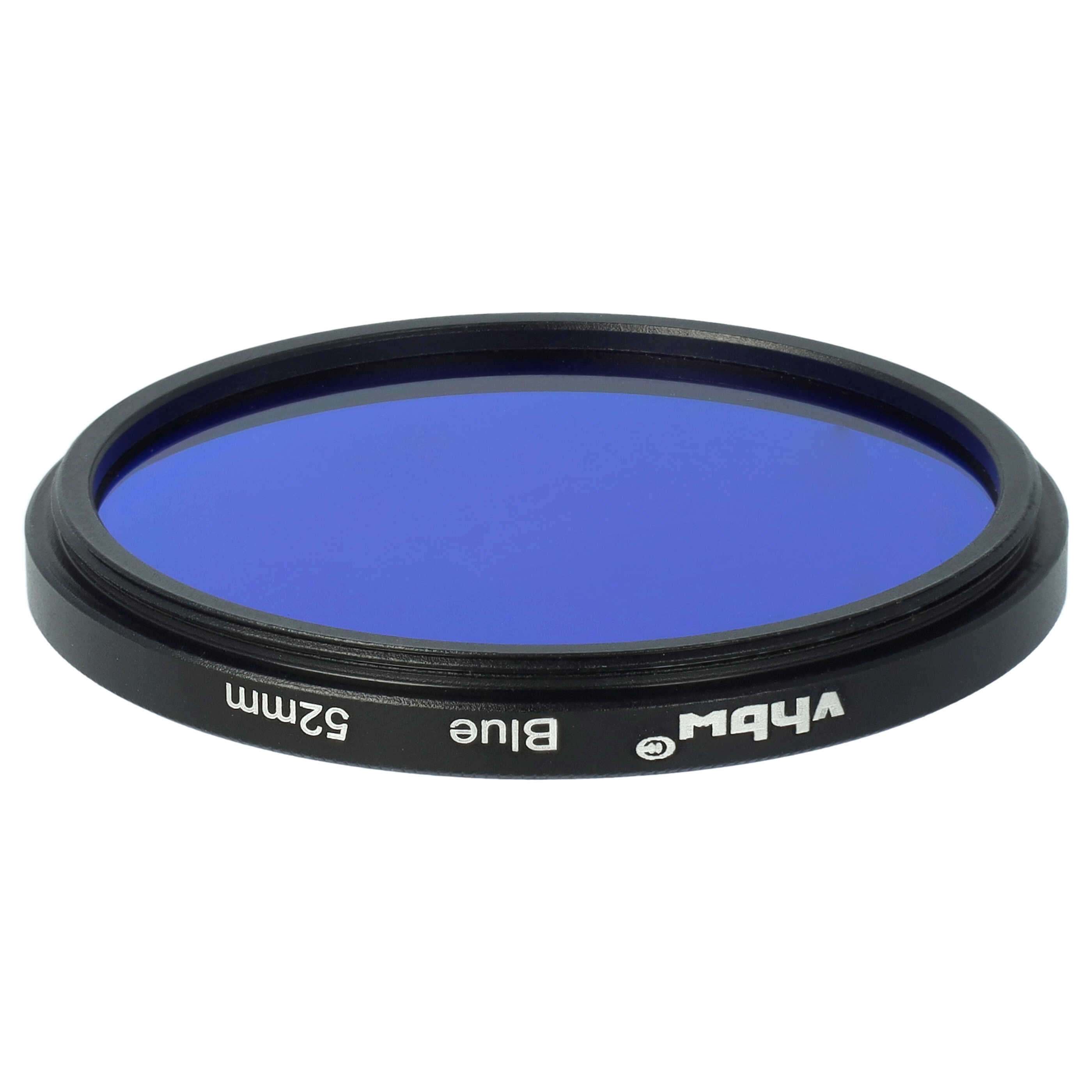 Ein runder blauer Filter mit schwarzem Rand. Text auf dem Rand: "Blue", "52mm" und "VHbW". Weißer Hintergrund.