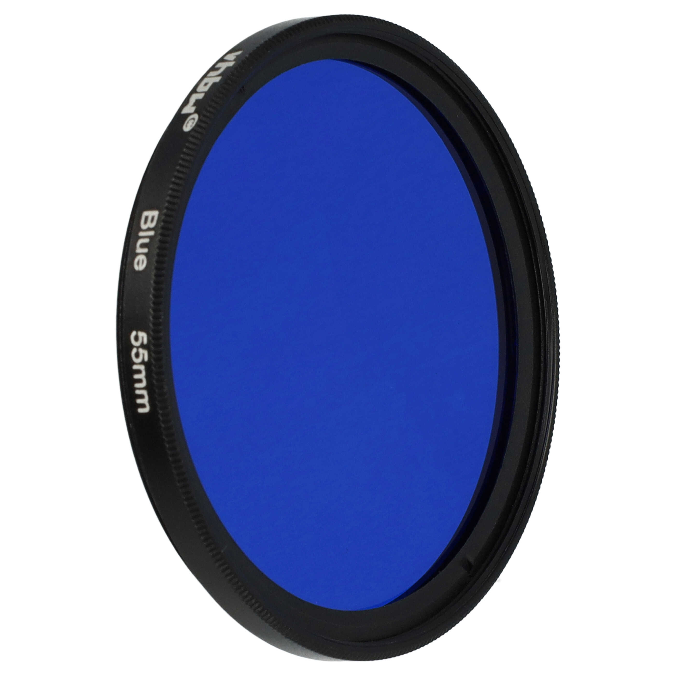 Ein blauer 55-mm-Filter mit schwarzem Rahmen. Der Filter ist mit 'Blau' und '55mm' beschriftet.